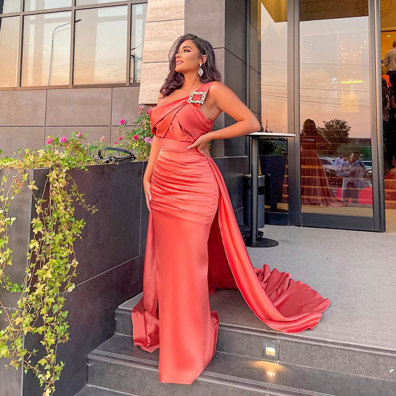 Coral Satin Plunging Orange Mermaid Prom Dress SH024 - SHEER FAIRY