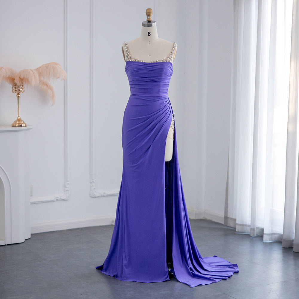 Royal Purple Rhinestone Mermaid Satin Prom Dress with Side Slit SH022 - SHEER FAIRY