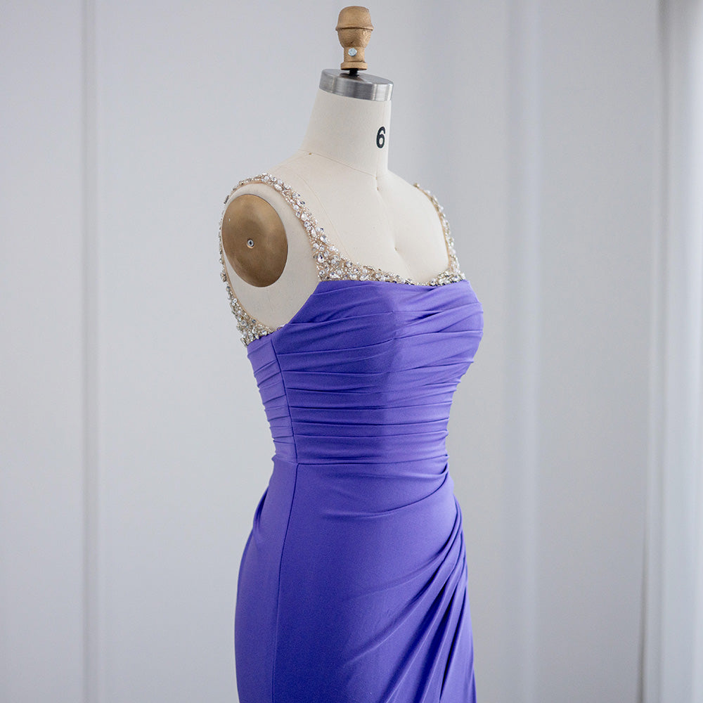 Royal Purple Rhinestone Mermaid Satin Prom Dress with Side Slit SH022 - SHEER FAIRY