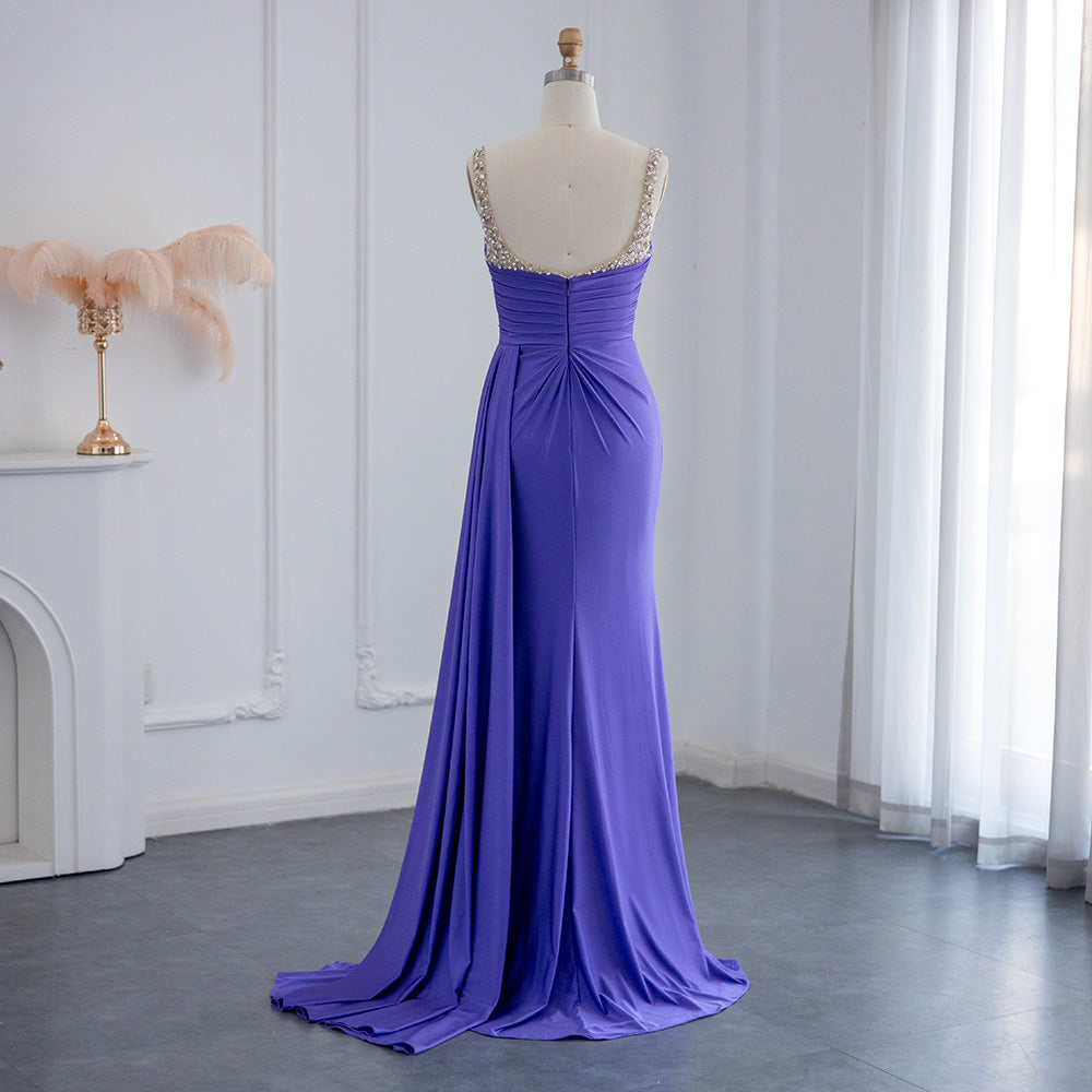 Royal Purple Rhinestone Mermaid Satin Prom Dress with Side Slit SH022 - SHEER FAIRY