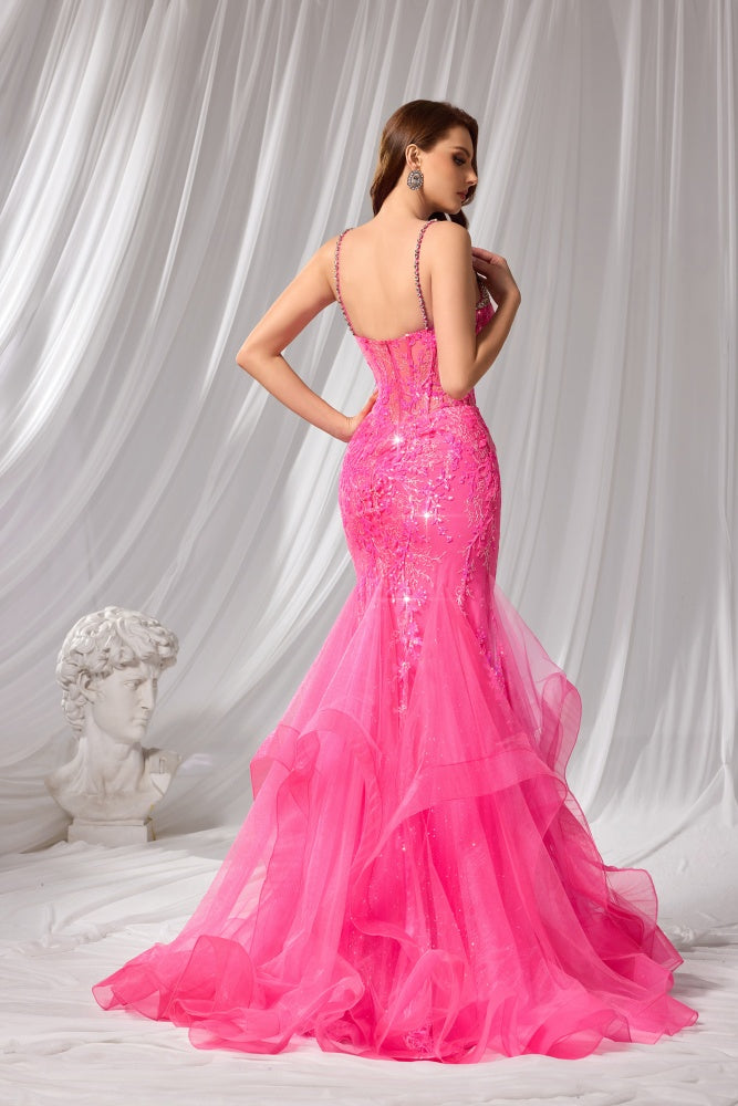 Hot Pink Ruffled Tulle Sequin Mermaid Prom Dress SH133 Sheer Fairy