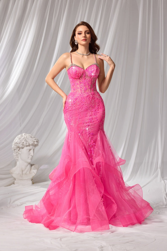 Hot Pink Ruffled Tulle Sequin Mermaid Prom Dress SH133 Sheer Fairy
