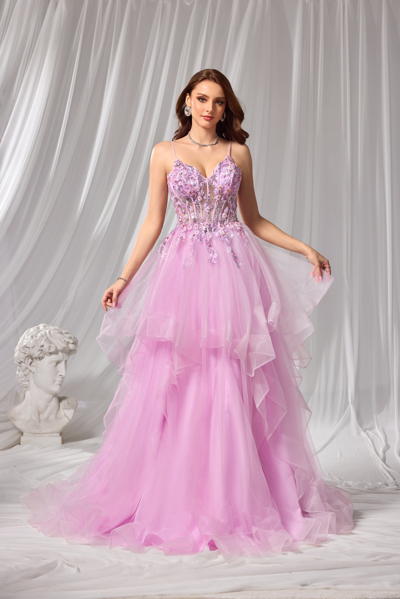 Luxury Pink Beaded Plunging V-Neck Tiered Prom Dress SH104