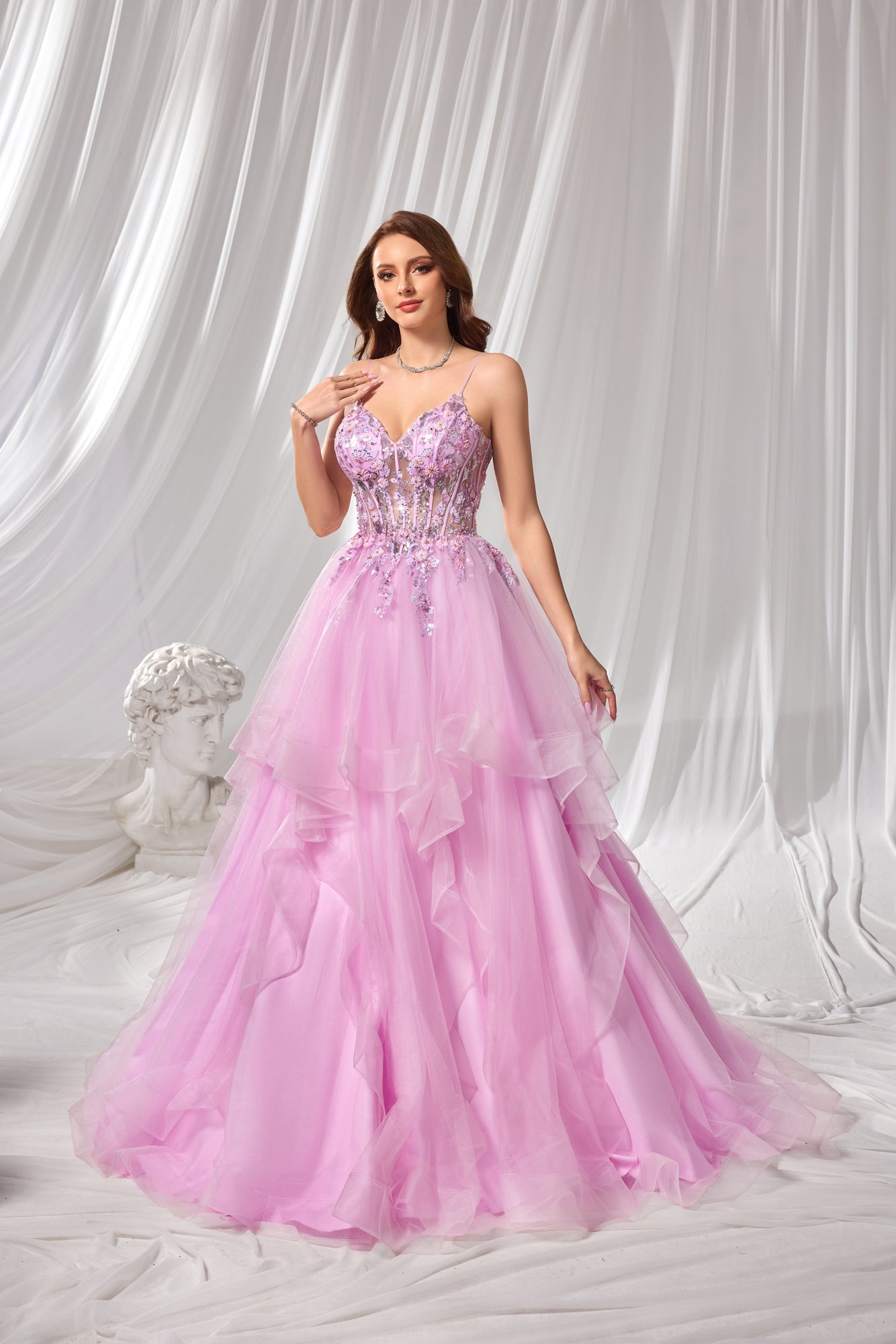 Luxury Pink Beaded Plunging V-Neck Tiered Prom Dress SH104
