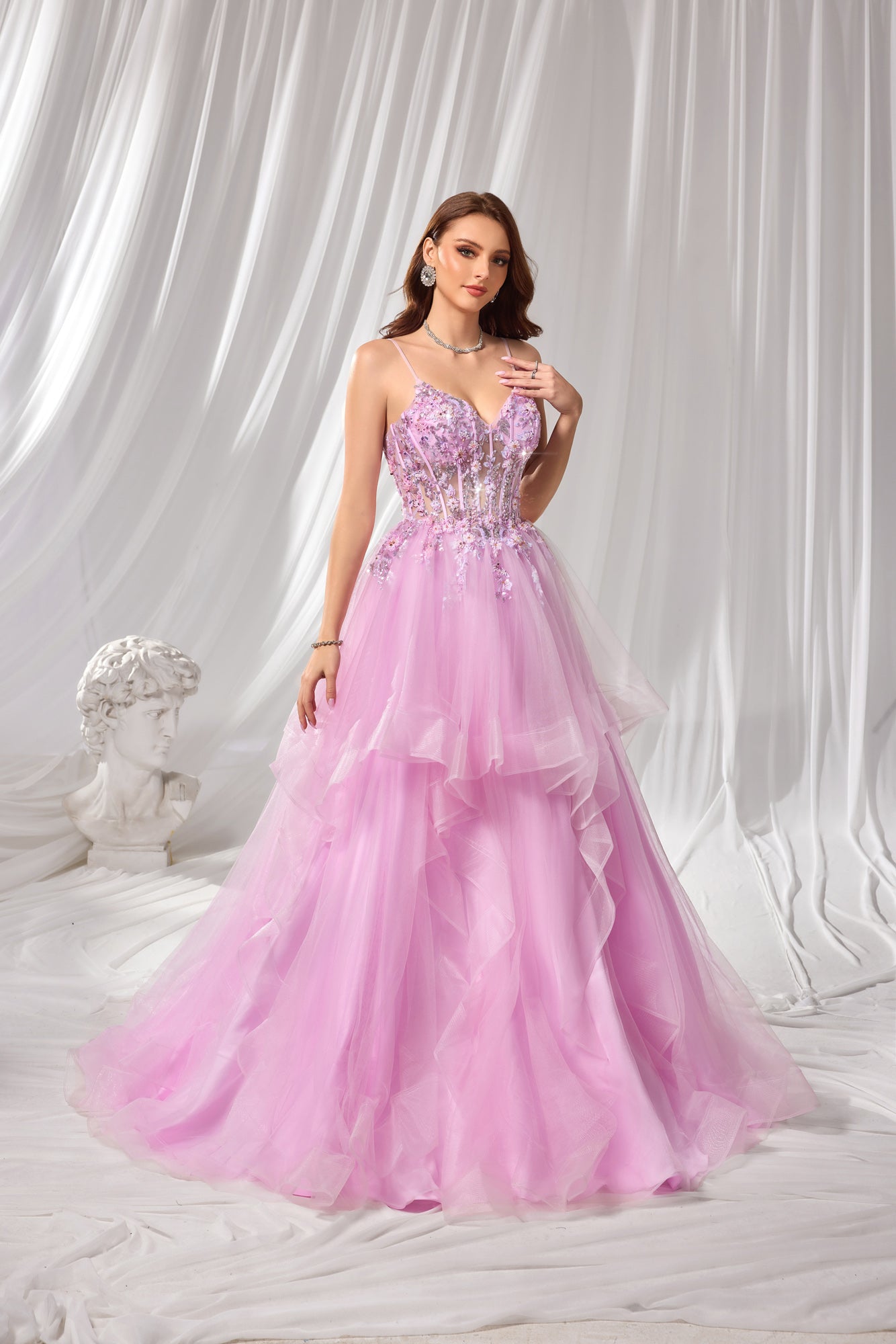 Luxury Pink Beaded Plunging V-Neck Tiered Prom Dress SH104