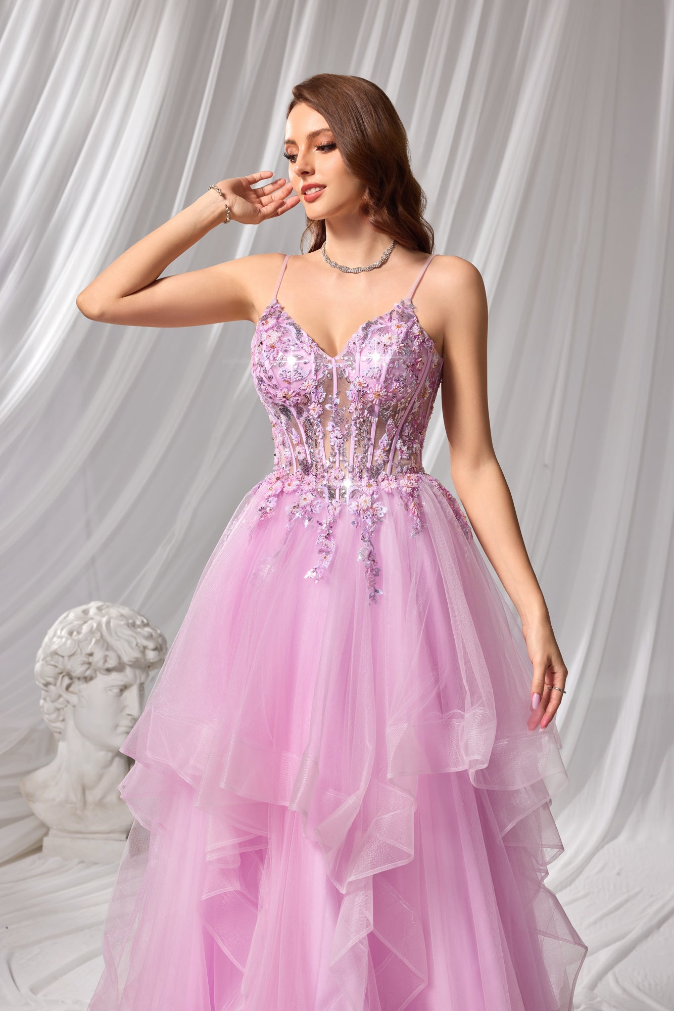 Luxury Pink Beaded Plunging V-Neck Tiered Prom Dress SH104