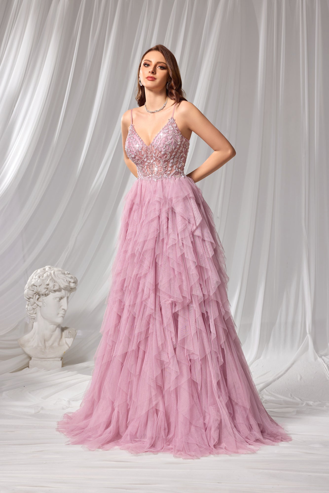 Pink Beaded Plunging V-Neck Tiered Tulle A-Line Prom Dress SH102