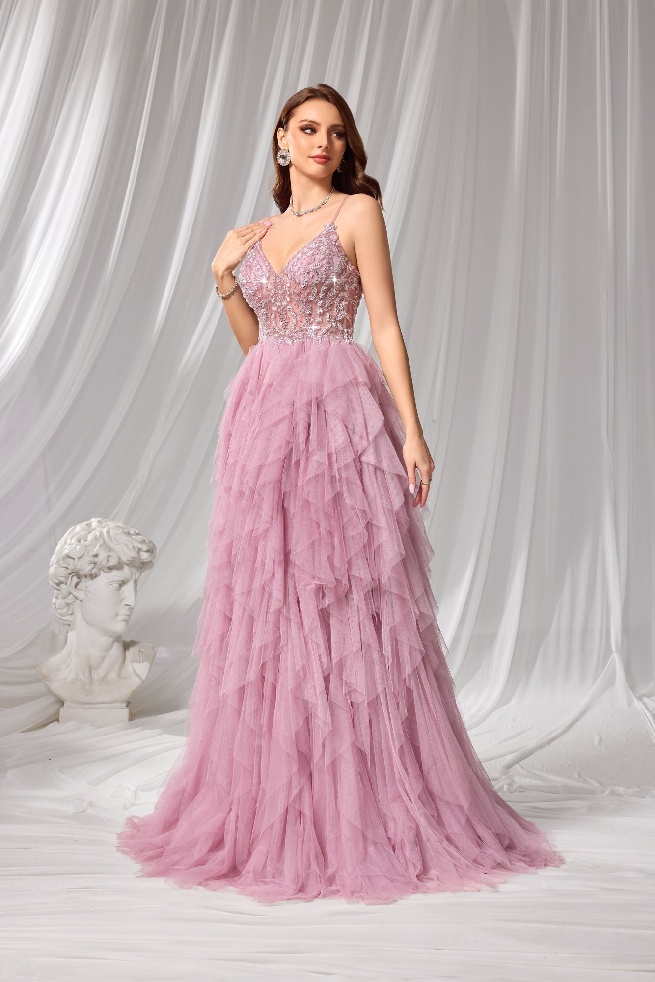 Pink Beaded Plunging V-Neck Tiered Tulle A-Line Prom Dress SH102
