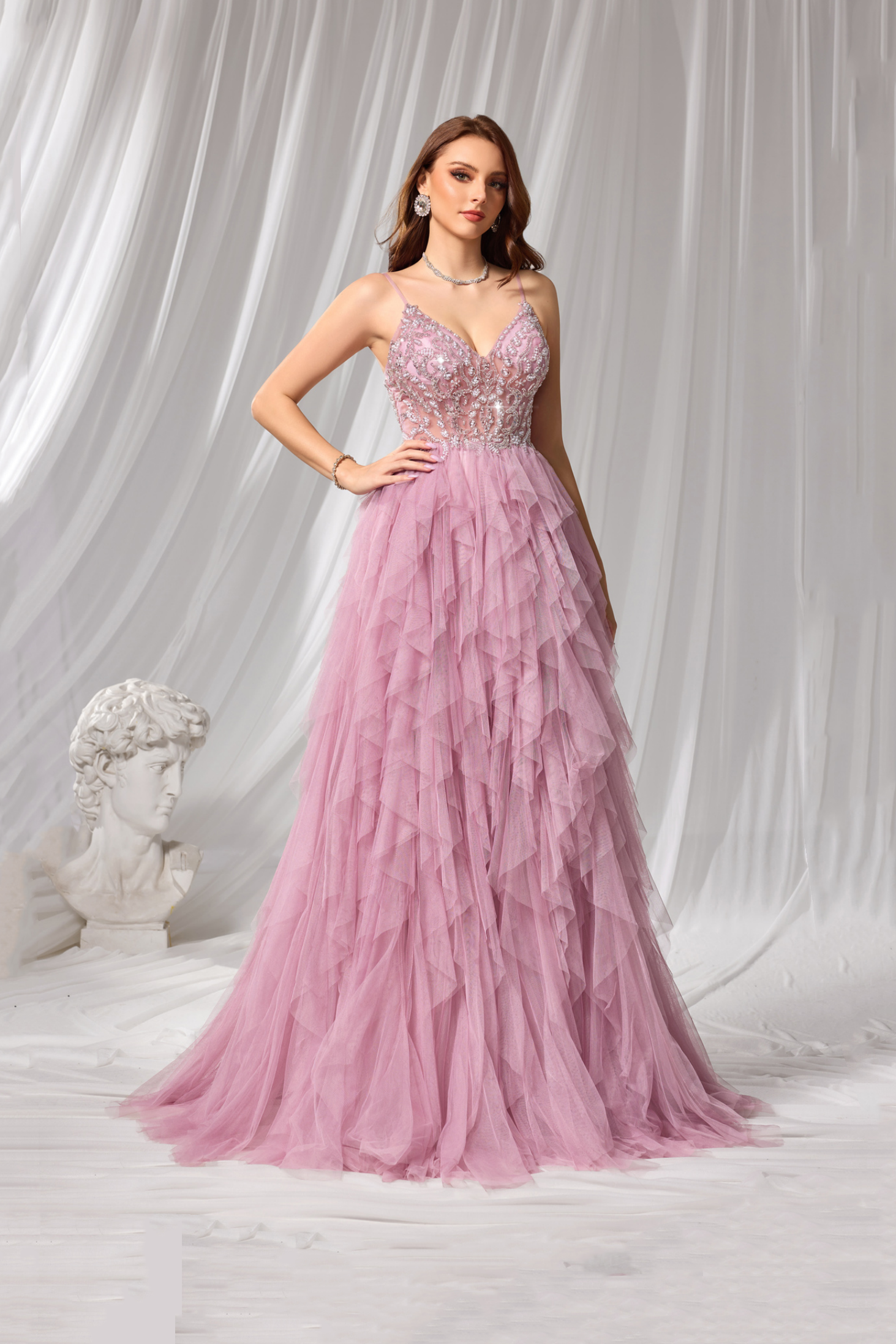 Pink Beaded Plunging V-Neck Tiered Tulle A-Line Prom Dress SH102