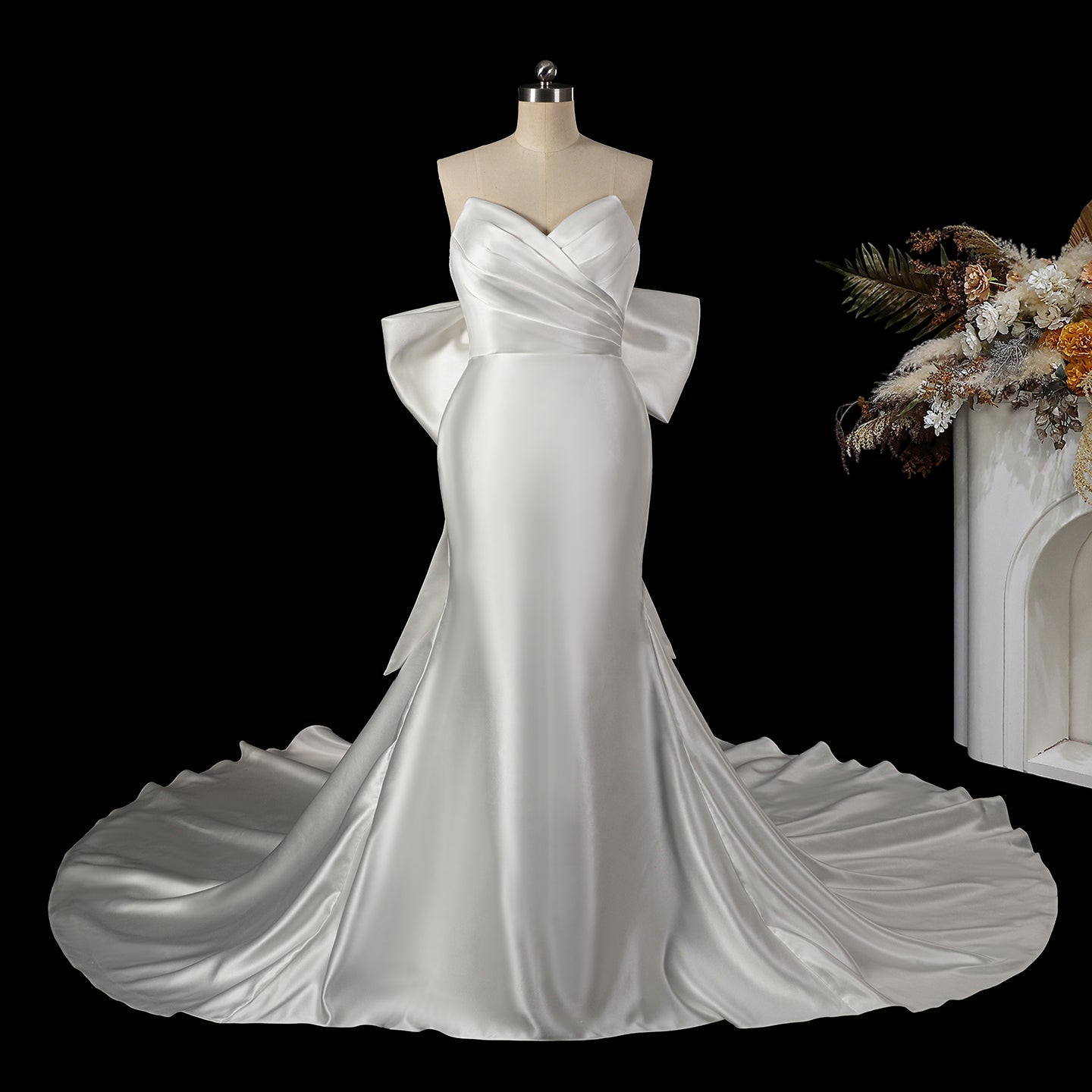 Dreamy White Satin Wedding Dress with Dramatic Train SW718 Sheer Fairy