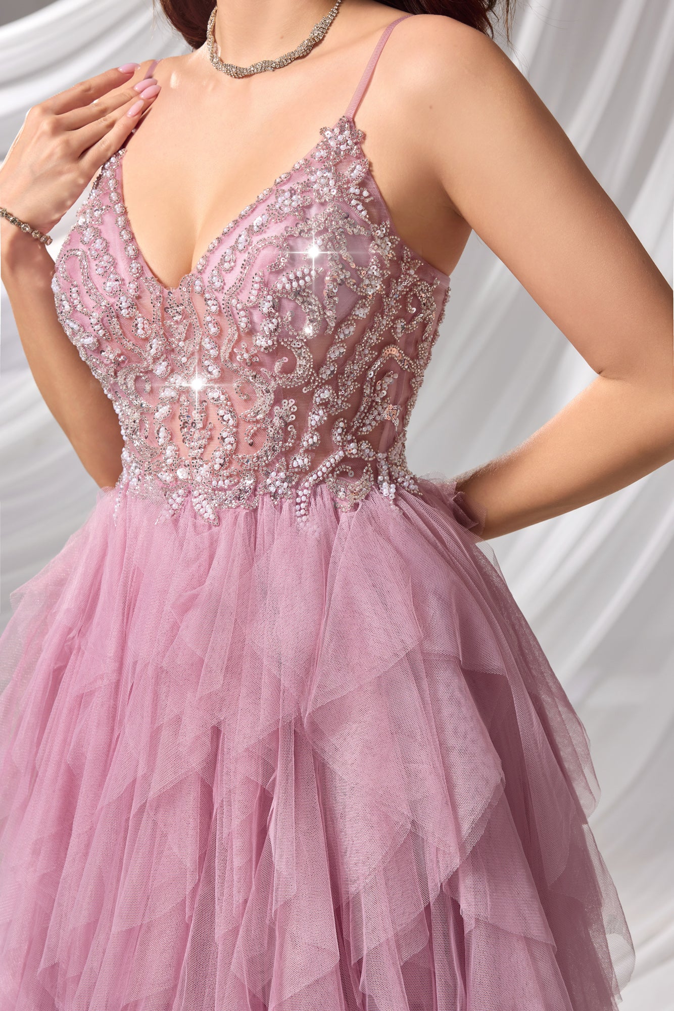 Pink Beaded Plunging V-Neck Tiered Tulle A-Line Prom Dress SH102