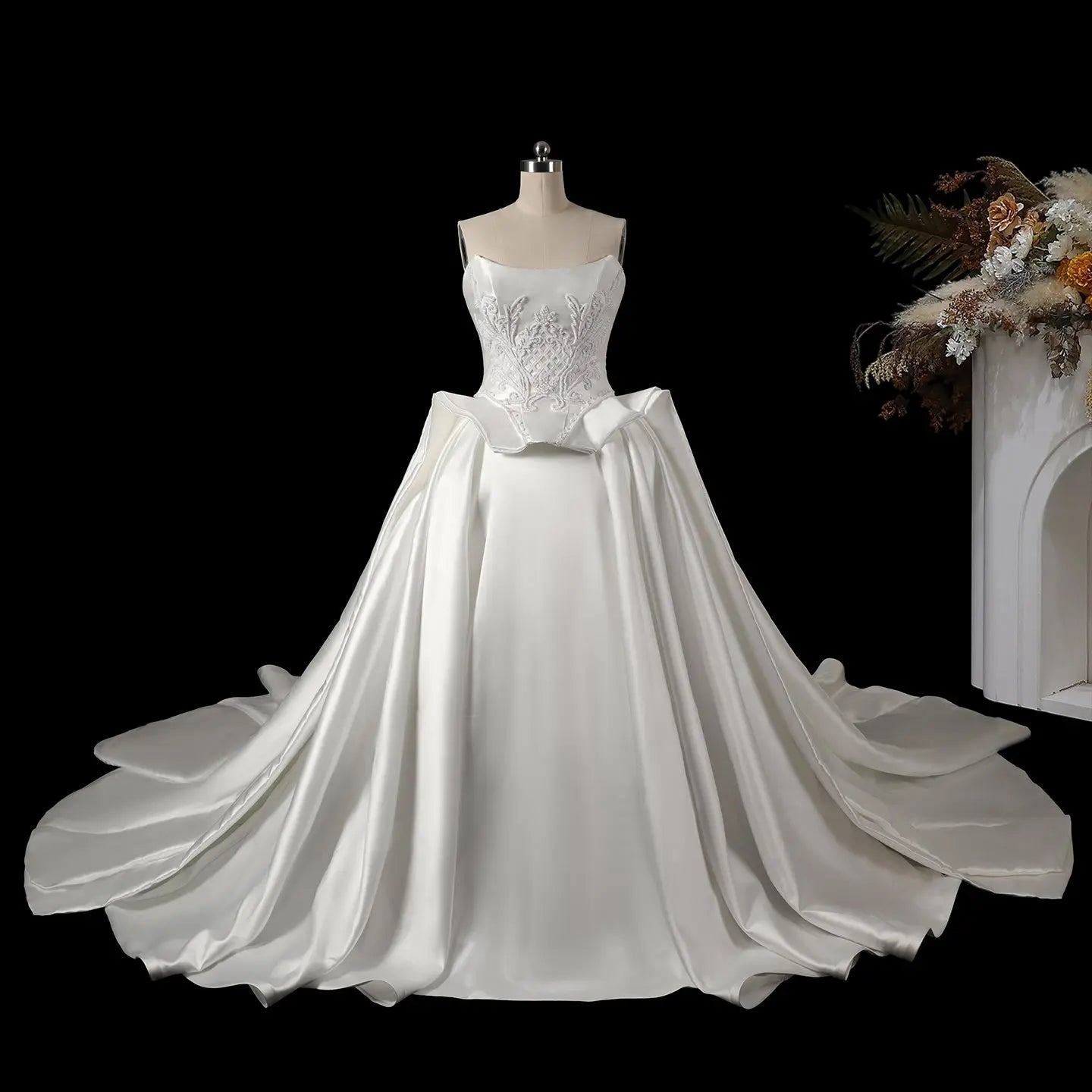 White Satin Ball Gown Wedding Dress with Embroidered Bodice SW599 Sheer Fairy
