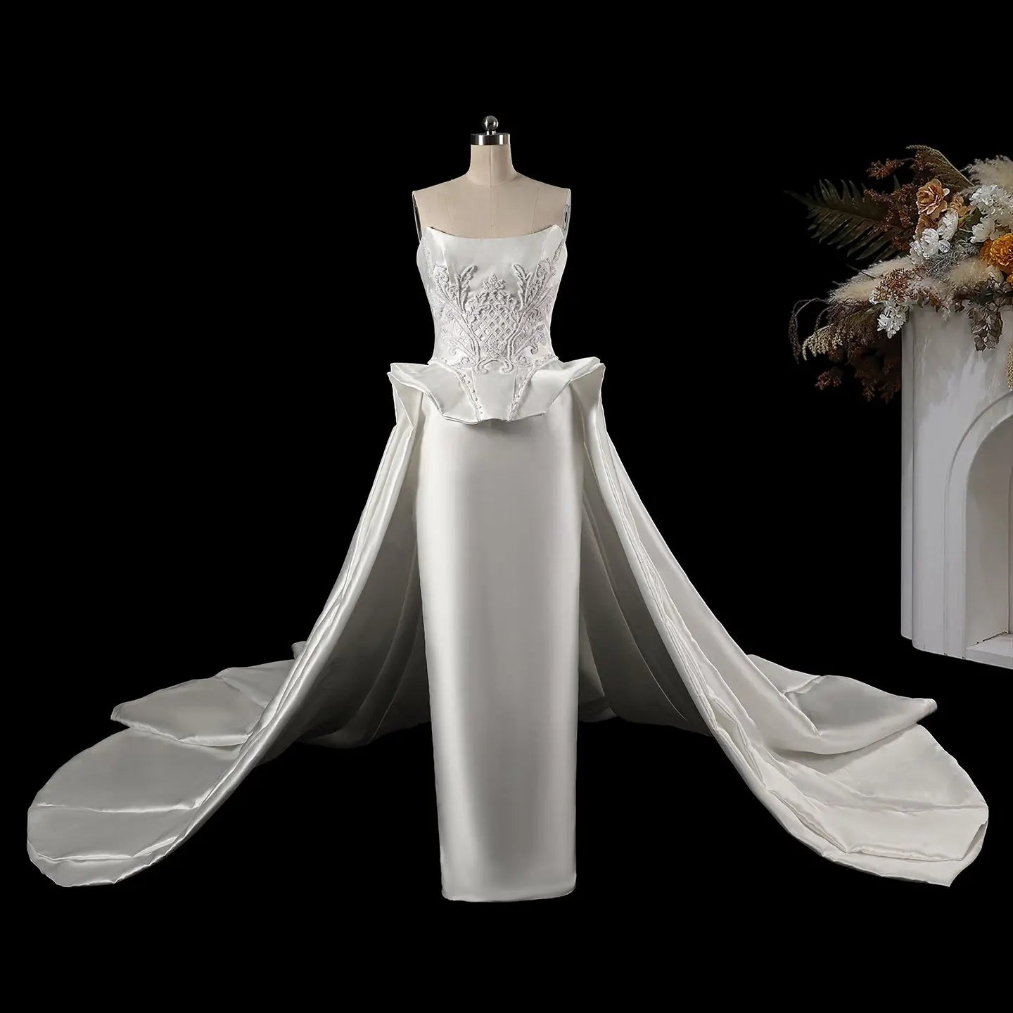 White Satin Ball Gown Wedding Dress with Embroidered Bodice SW599 Sheer Fairy