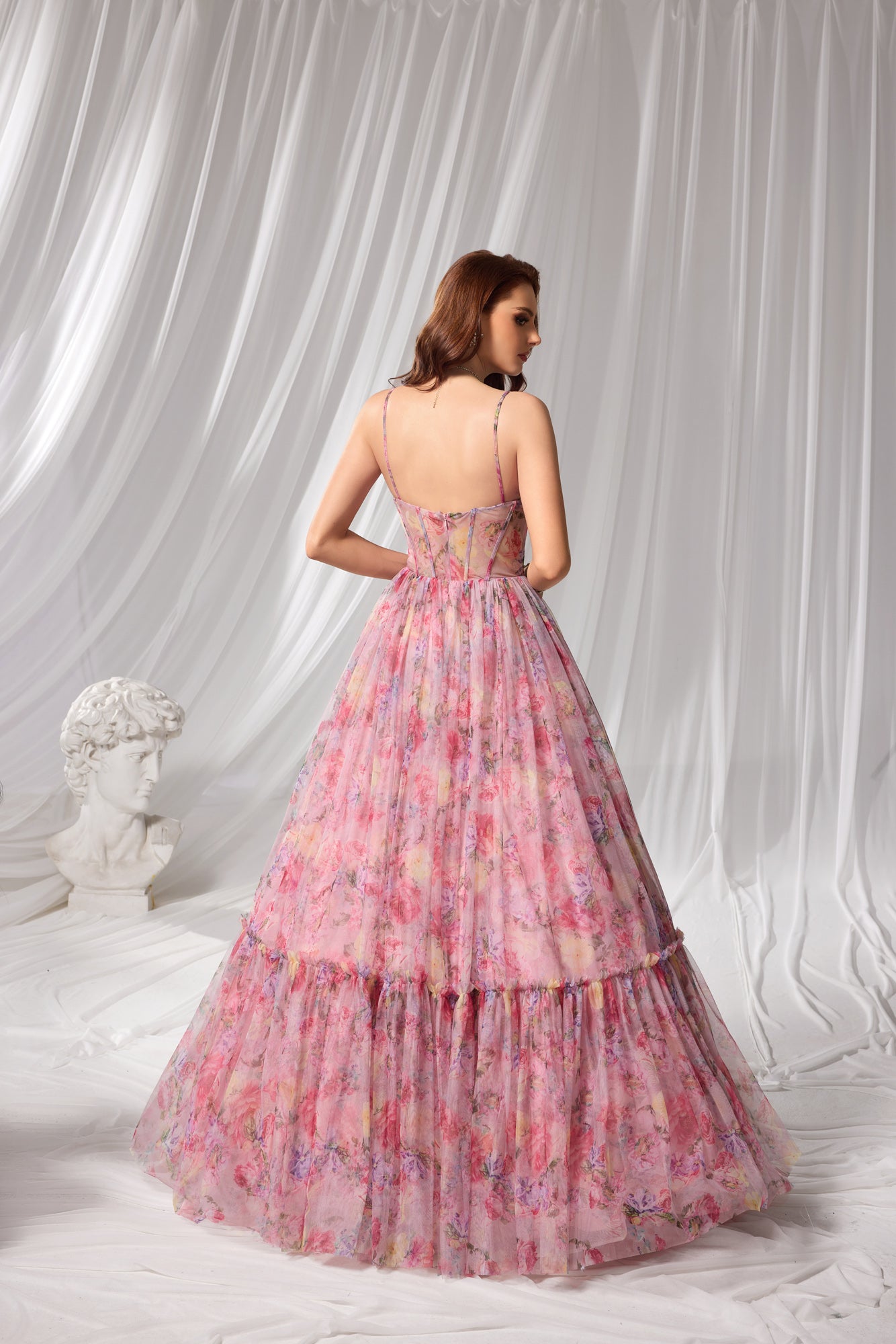 Pastel Floral Print Sweetheart Neckline Tiered Tulle A-Line Prom Dress SH110