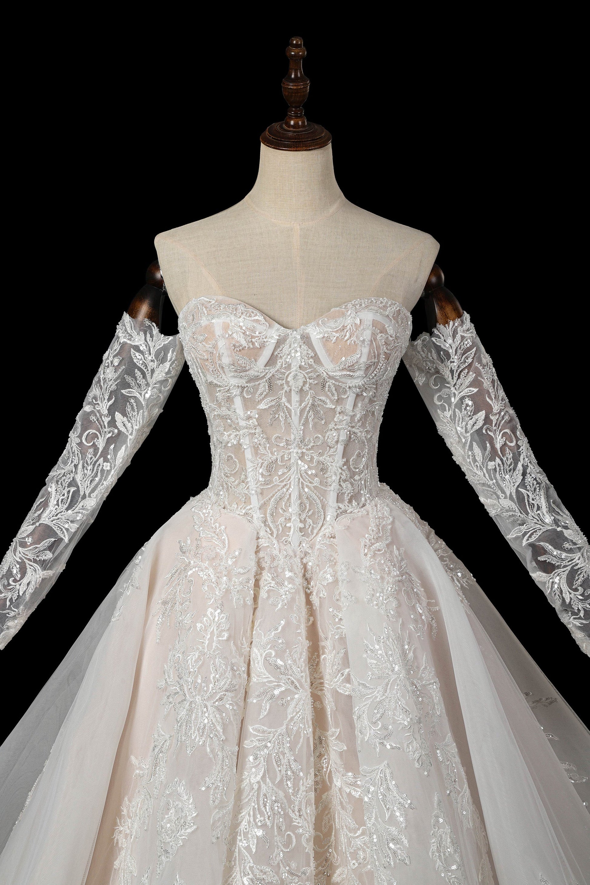 Sweetheart Neck Lace Corset Ball Gown Wedding Dress with Detachable Long Sleeves SW703 Sheer Fairy