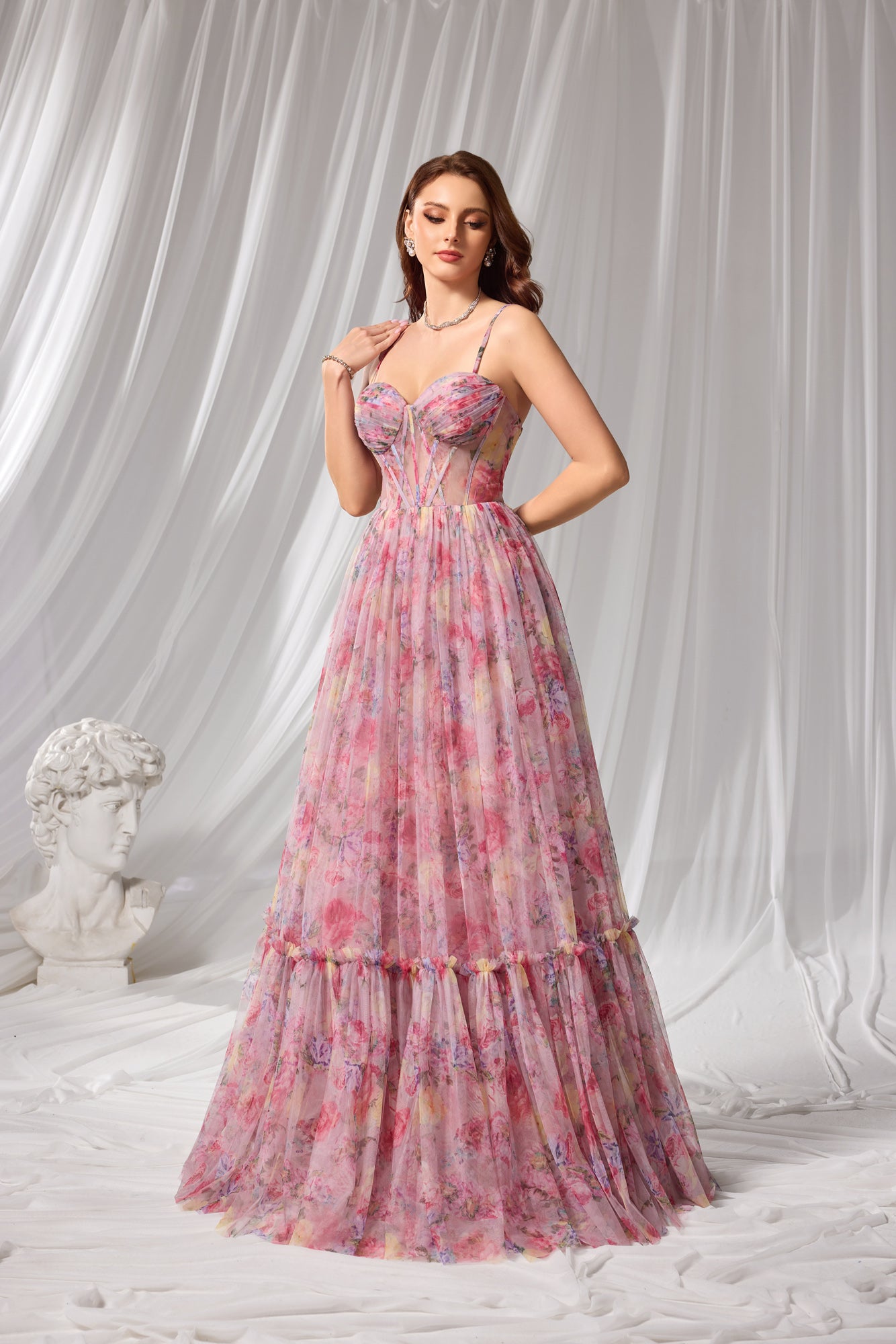 Pastel Floral Print Sweetheart Neckline Tiered Tulle A-Line Prom Dress SH110