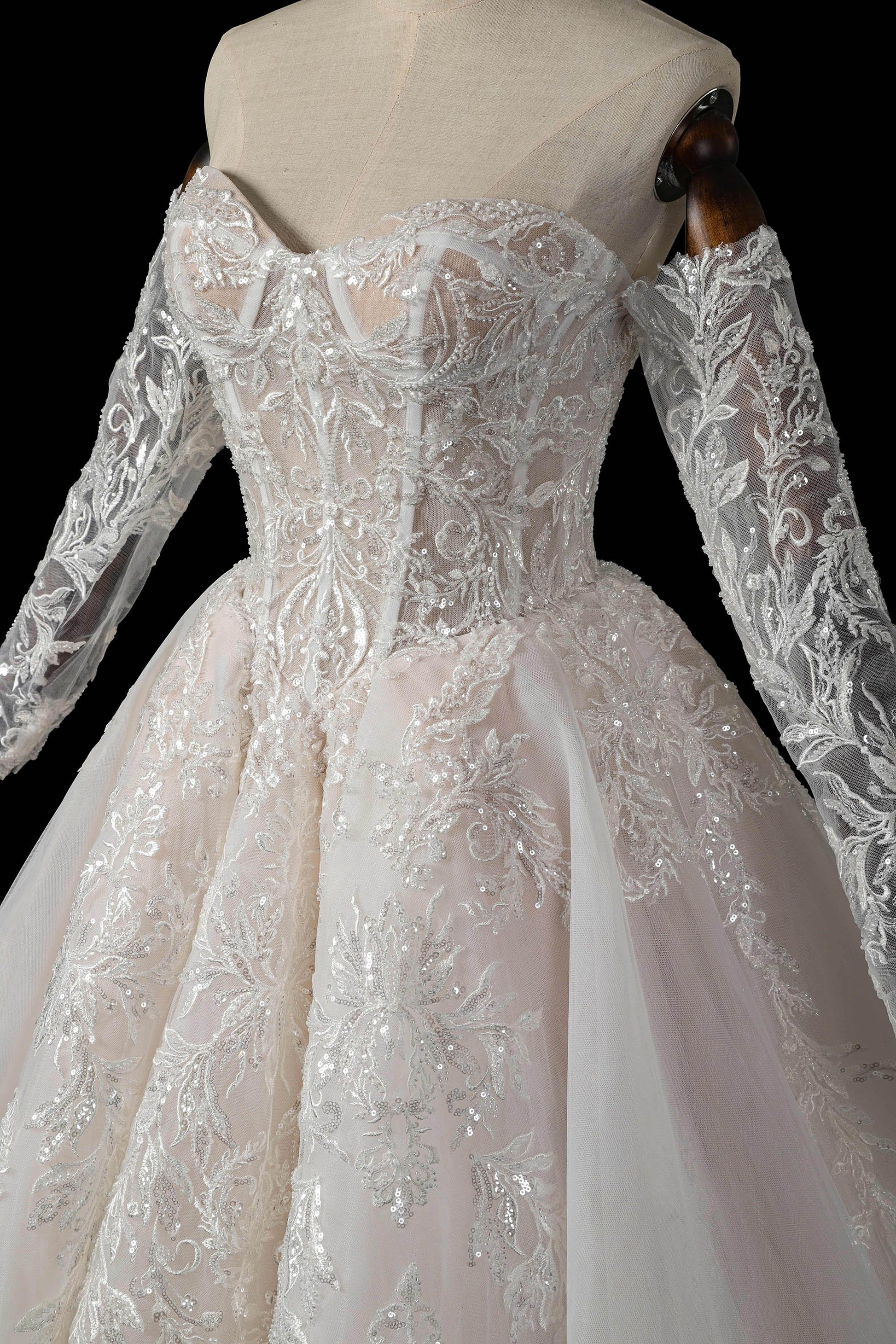 Sweetheart Neck Lace Corset Ball Gown Wedding Dress with Detachable Long Sleeves SW703 Sheer Fairy