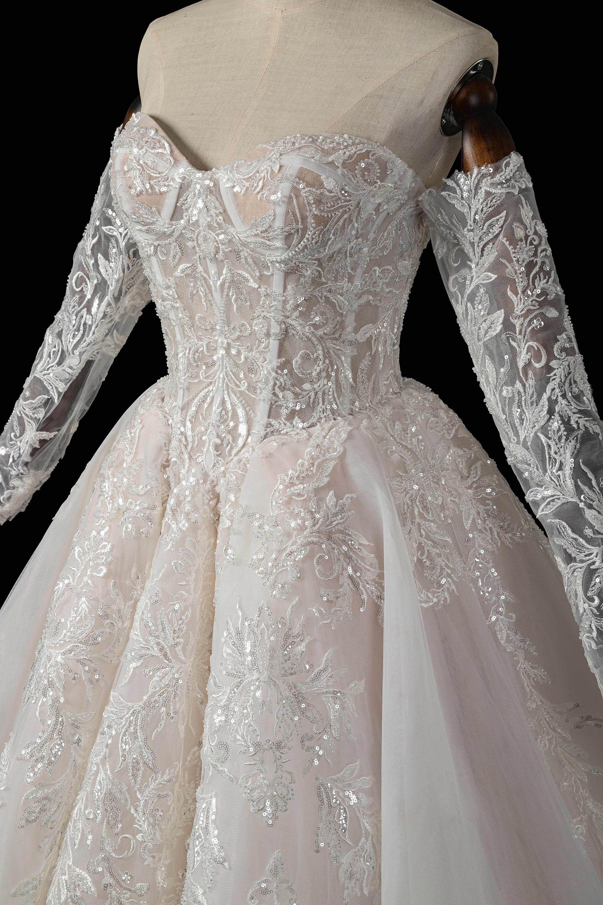 Sweetheart Neck Lace Corset Ball Gown Wedding Dress with Detachable Long Sleeves SW703 Sheer Fairy