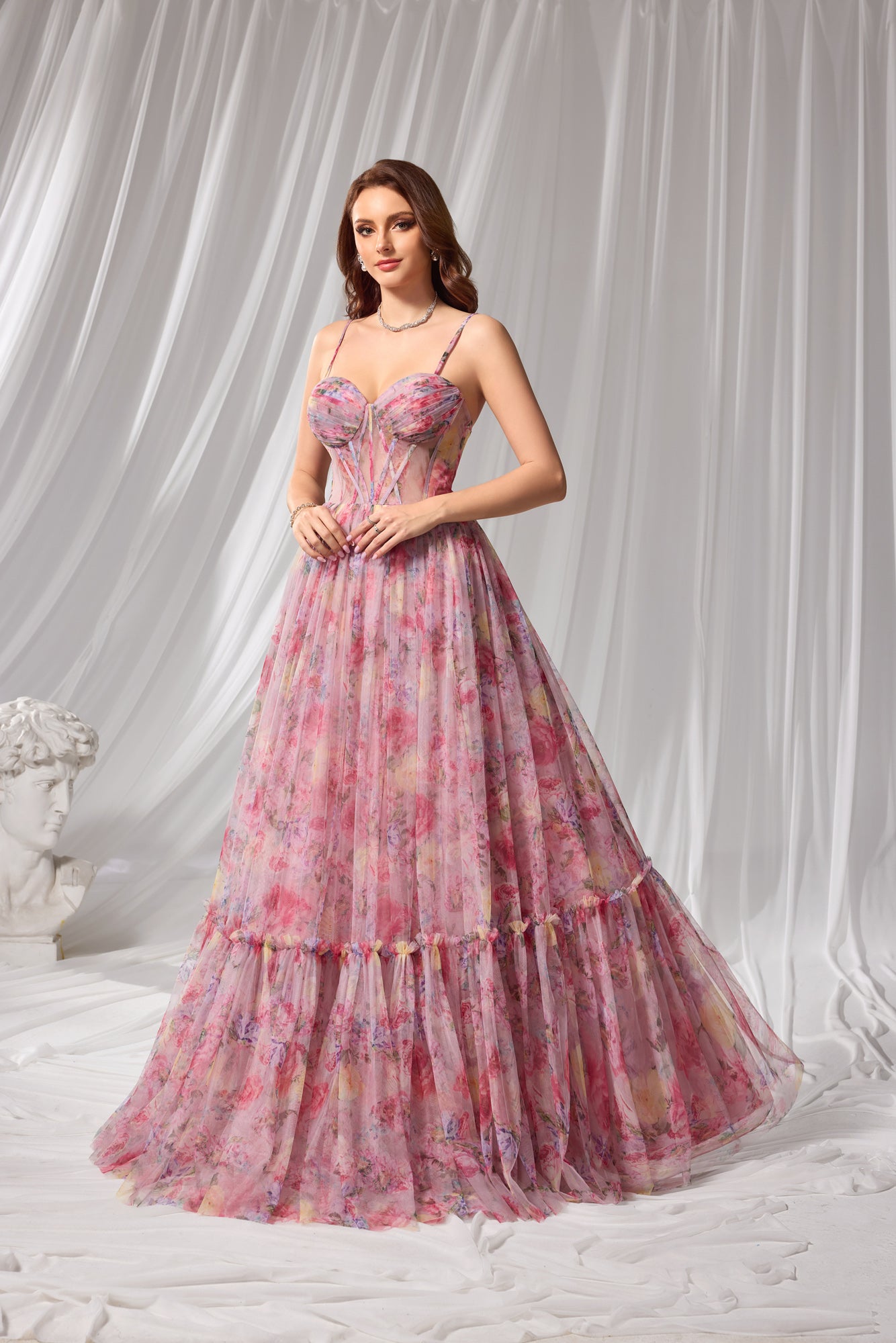 Pastel Floral Print Sweetheart Neckline Tiered Tulle A-Line Prom Dress SH110