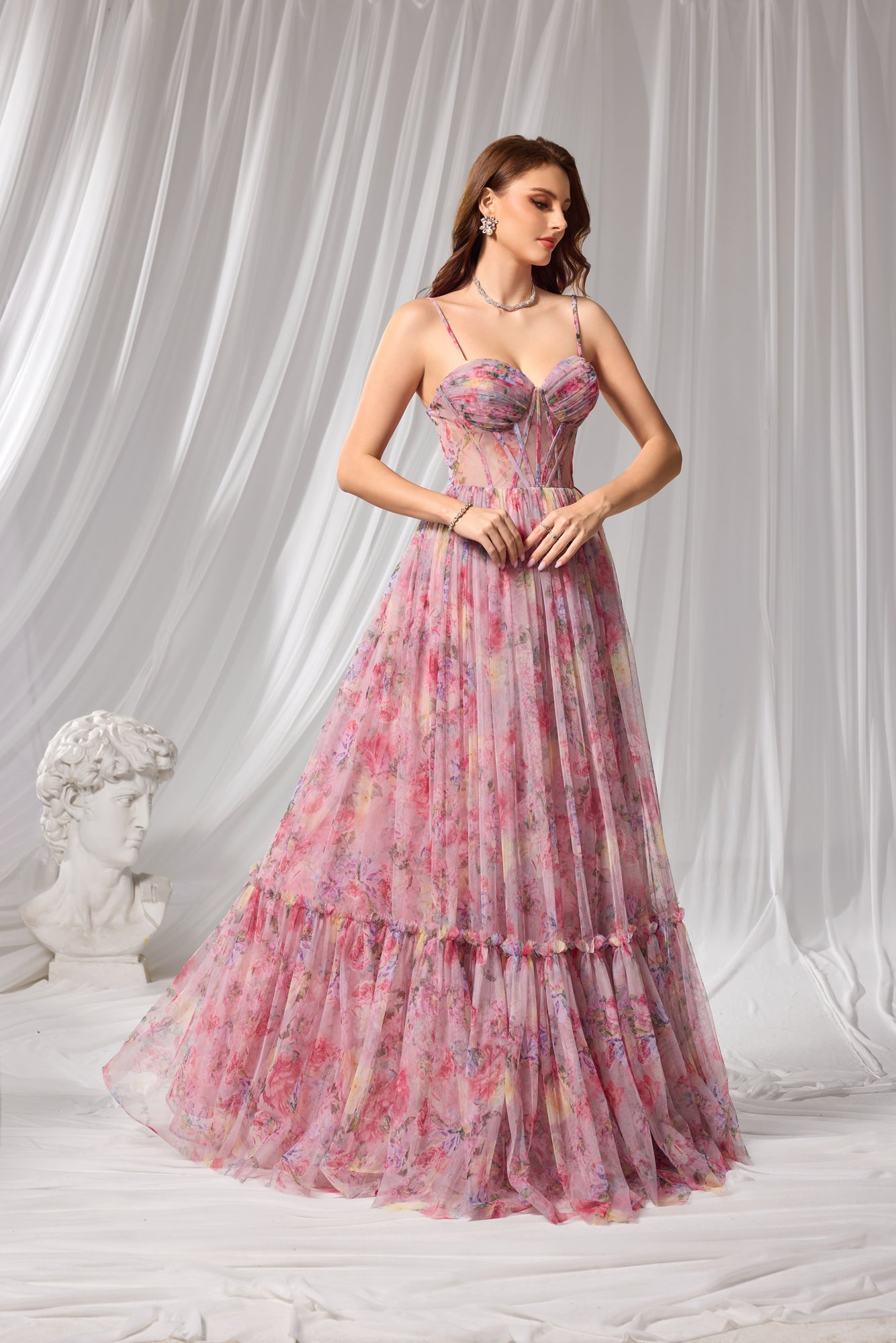 Pastel Floral Print Sweetheart Neckline Tiered Tulle A-Line Prom Dress SH110
