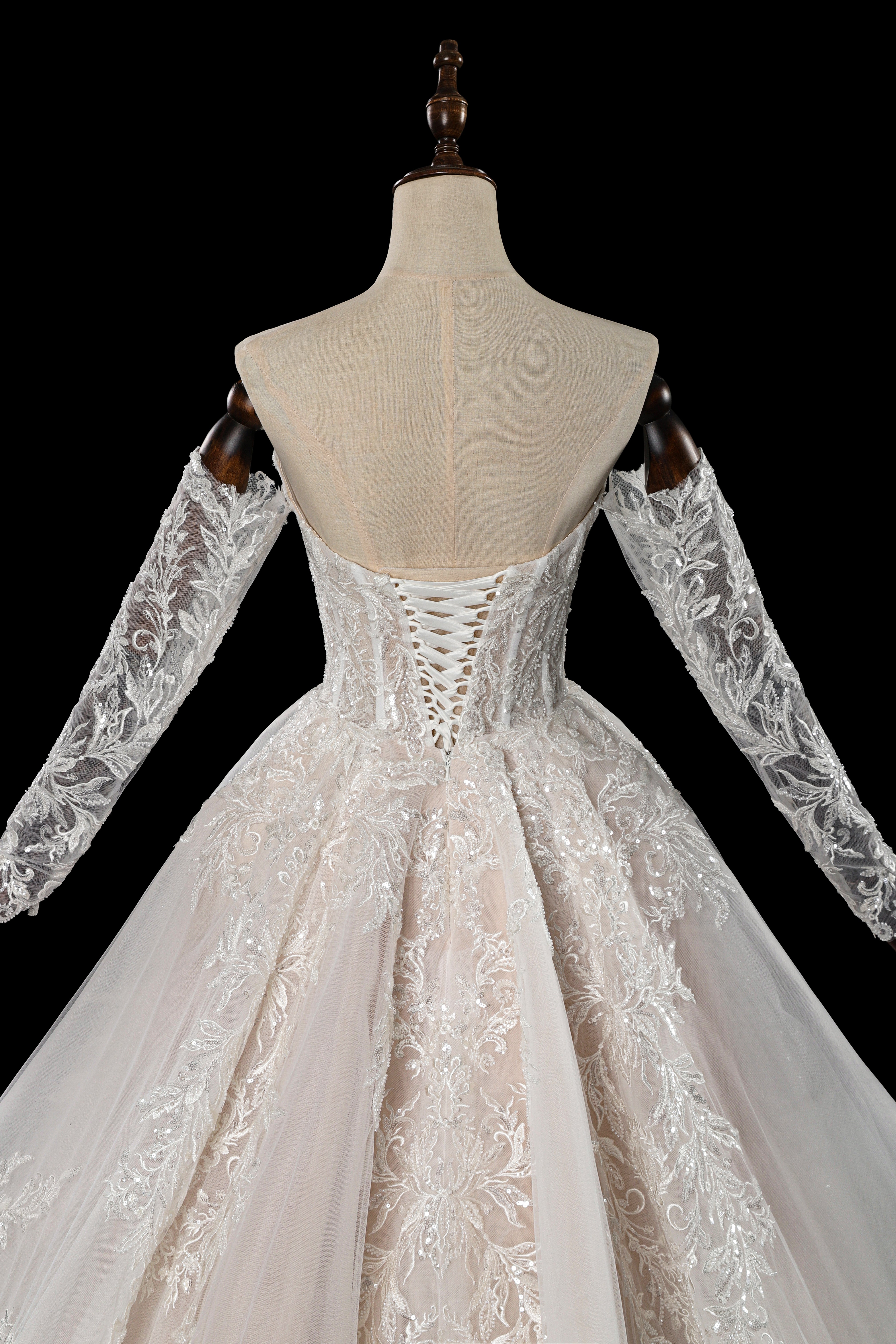 Sweetheart Neck Lace Corset Ball Gown Wedding Dress with Detachable Long Sleeves SW703 Sheer Fairy