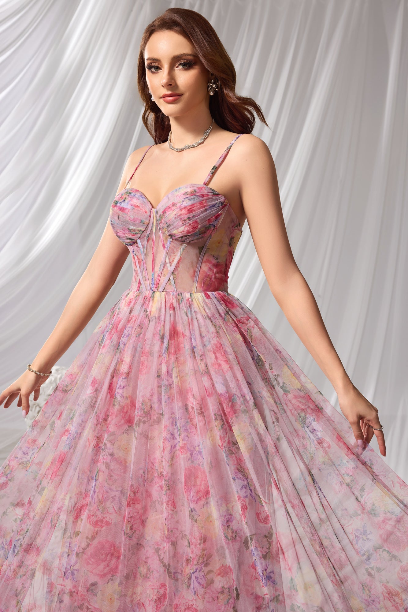 Pastel Floral Print Sweetheart Neckline Tiered Tulle A-Line Prom Dress SH110