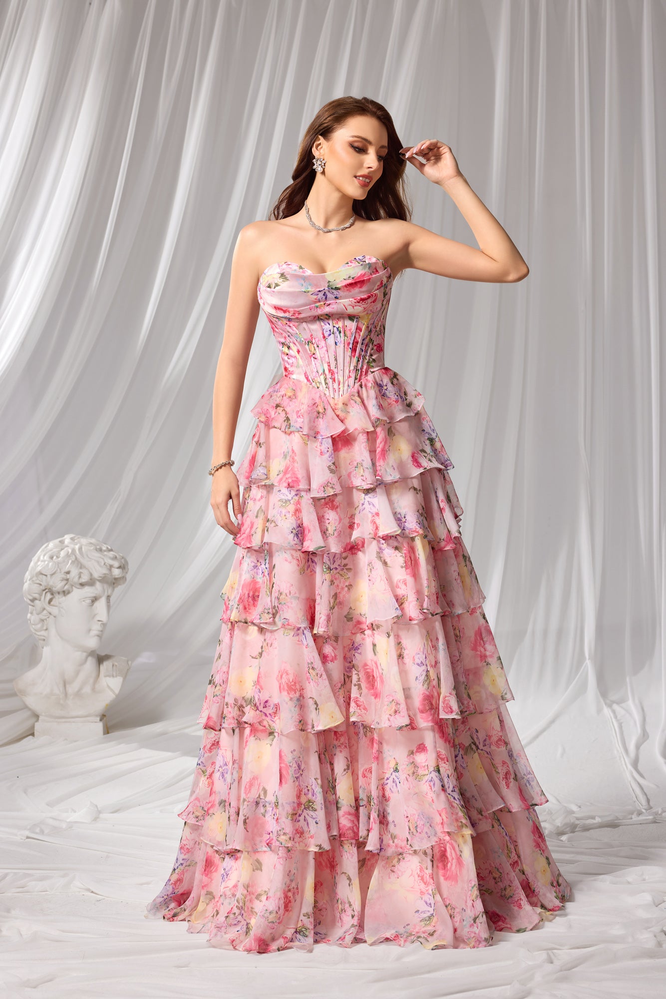 Pink Pastel Floral Strapless Tiered Chiffon A-Line Prom Dress SH105