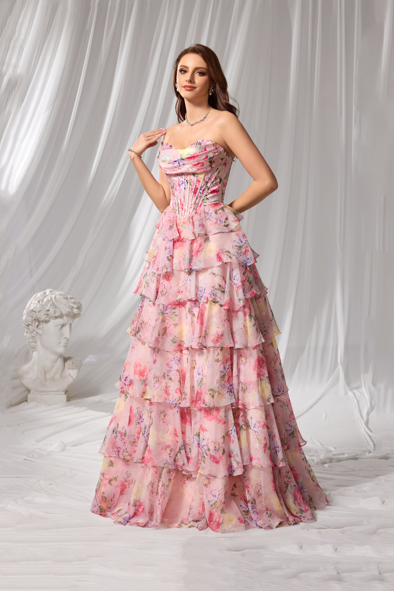 Pink Pastel Floral Strapless Tiered Chiffon A-Line Prom Dress SH105