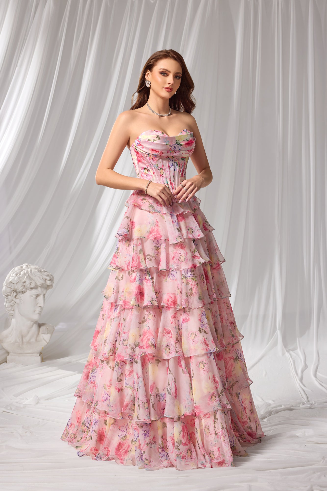 Pink Pastel Floral Strapless Tiered Chiffon A-Line Prom Dress SH105