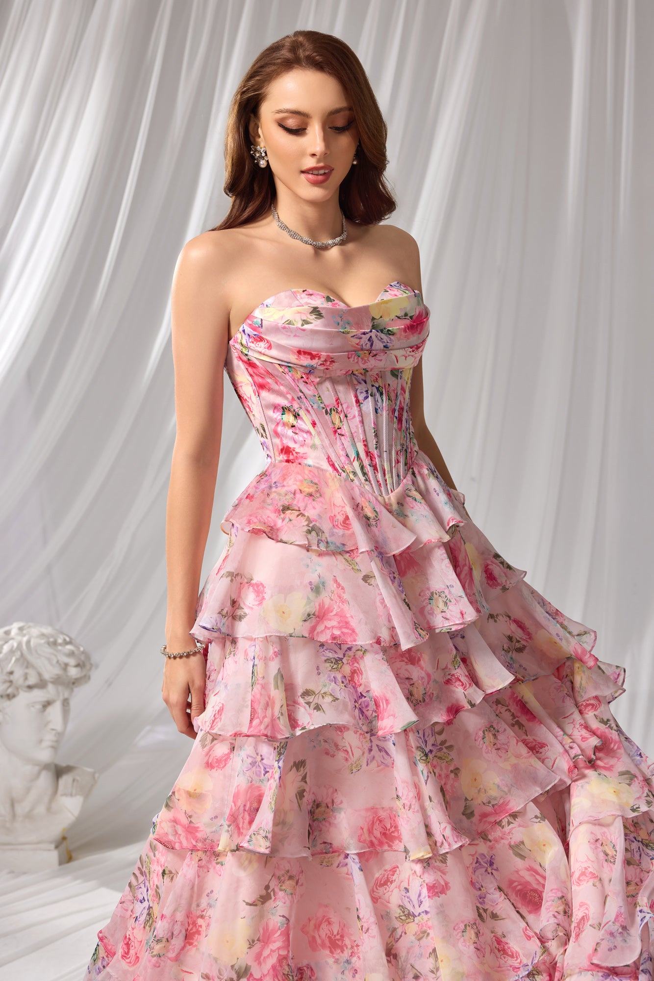 Pink Pastel Floral Strapless Tiered Chiffon A-Line Prom Dress SH105