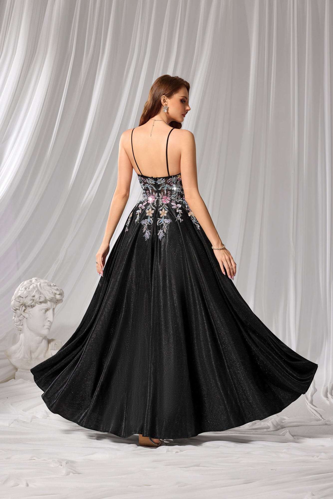 Black Floral Beaded Square Neck A-Line Prom Dress SH106