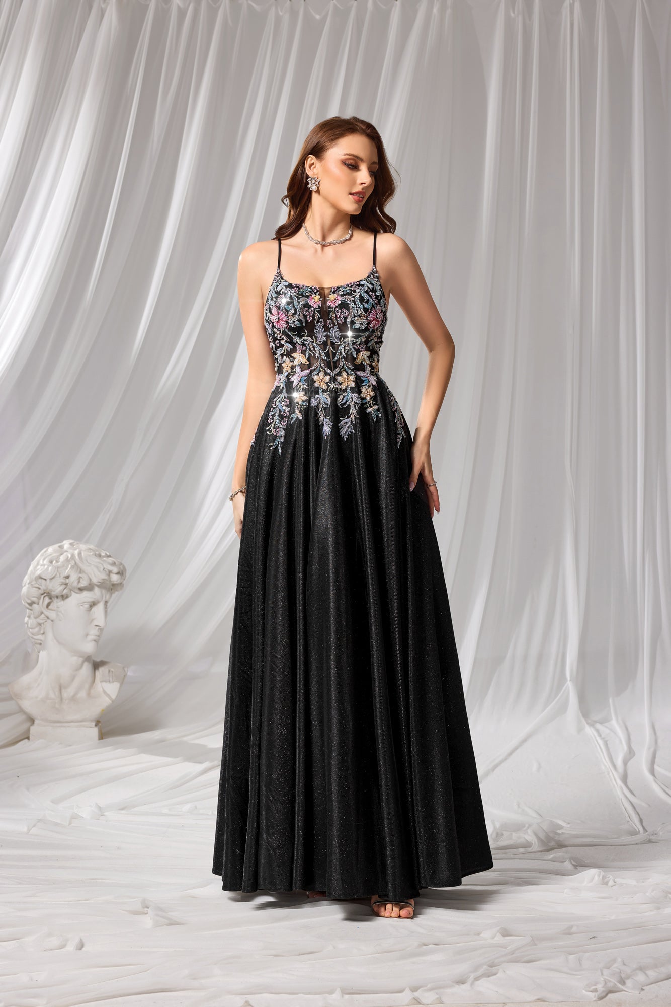 Black Floral Beaded Square Neck A-Line Prom Dress SH106