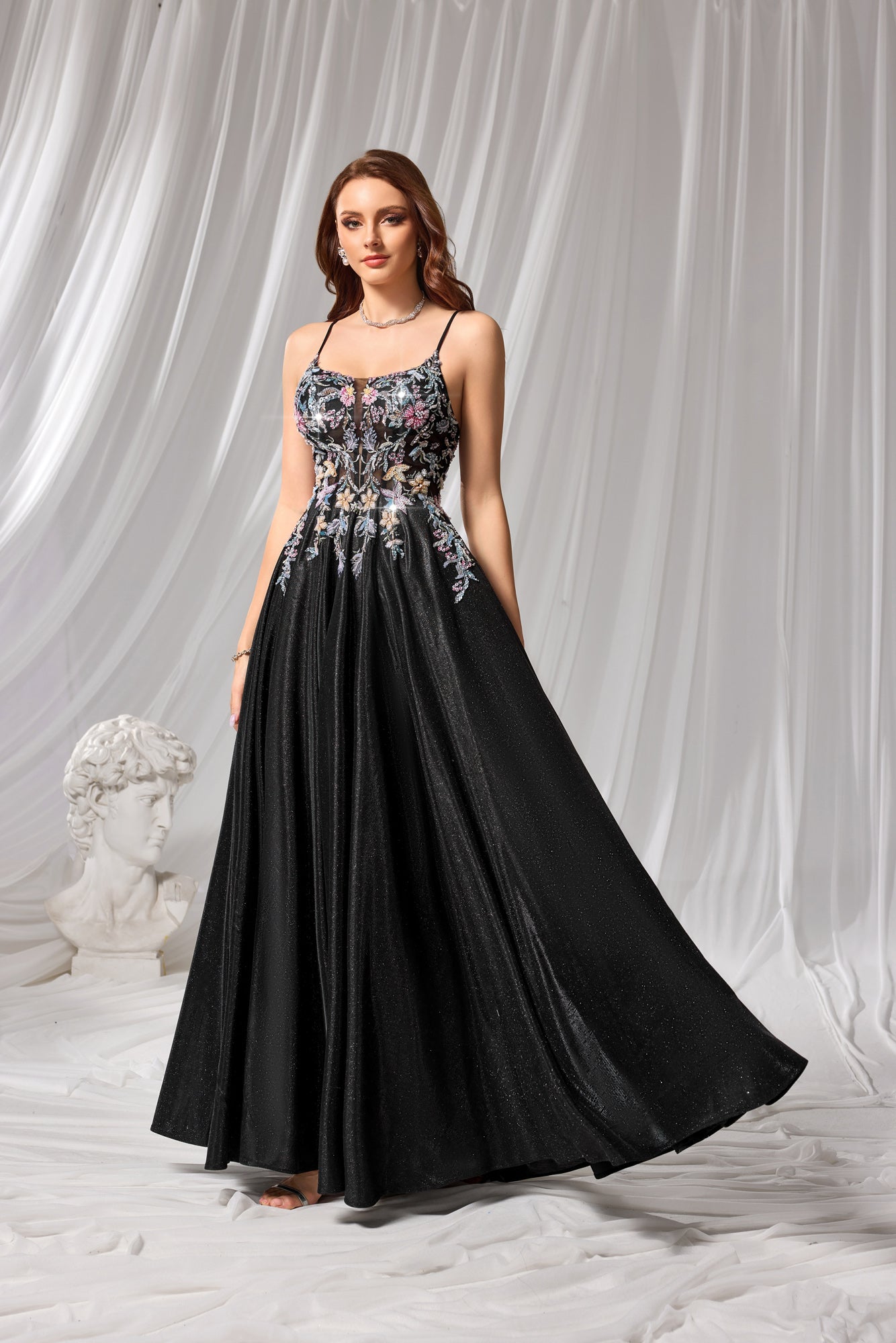 Black Floral Beaded Square Neck A-Line Prom Dress SH106