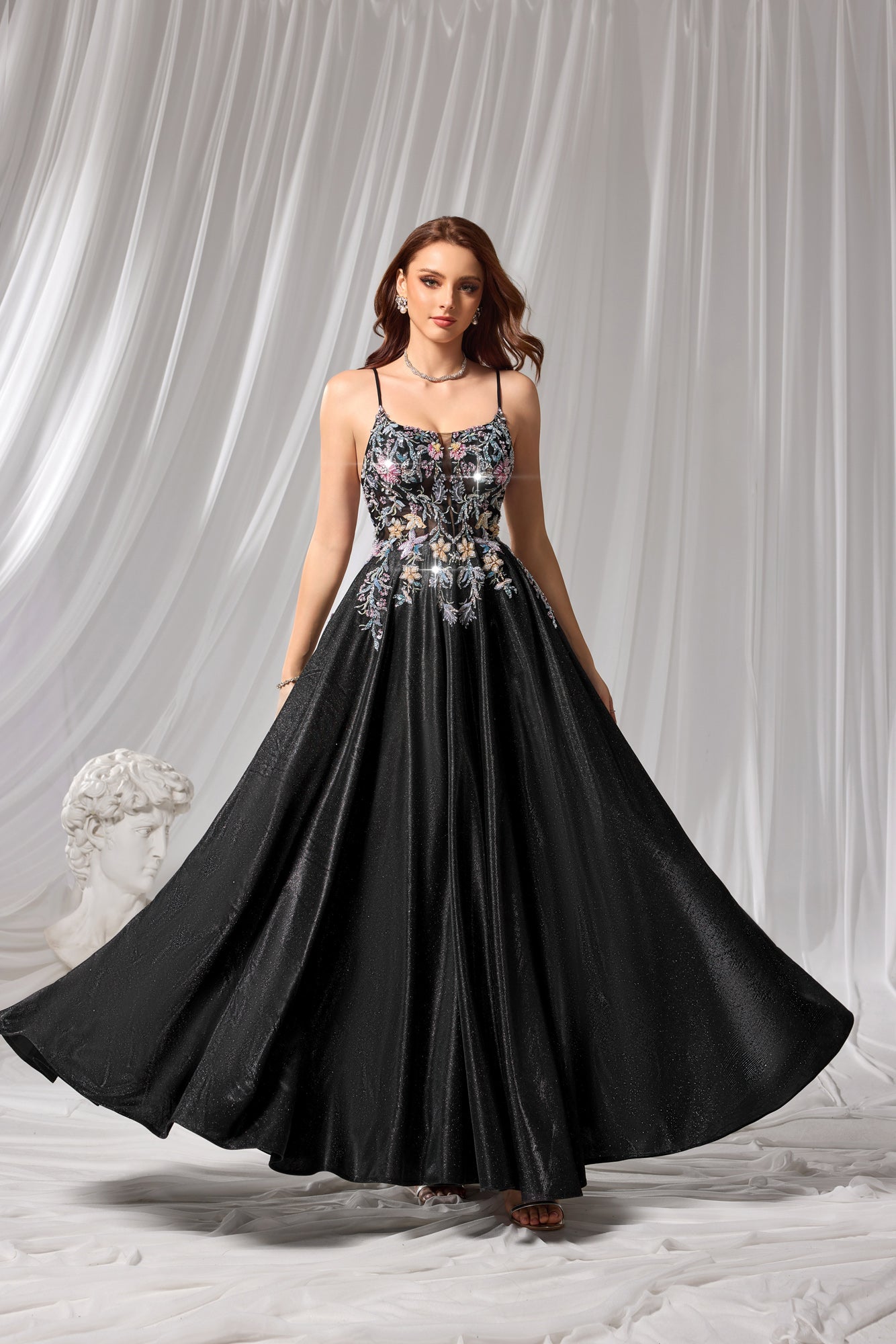 Black Floral Beaded Square Neck A-Line Prom Dress SH106
