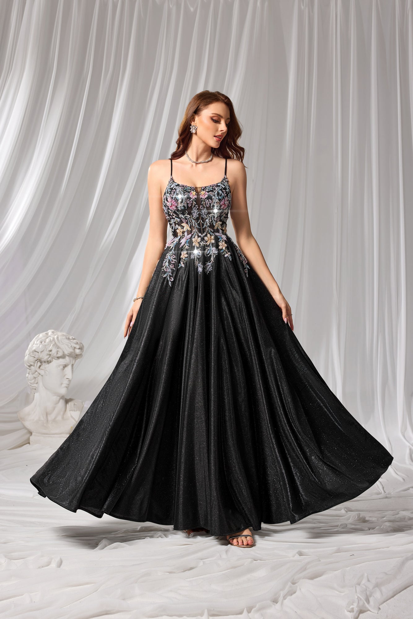 Black Floral Beaded Square Neck A-Line Prom Dress SH106