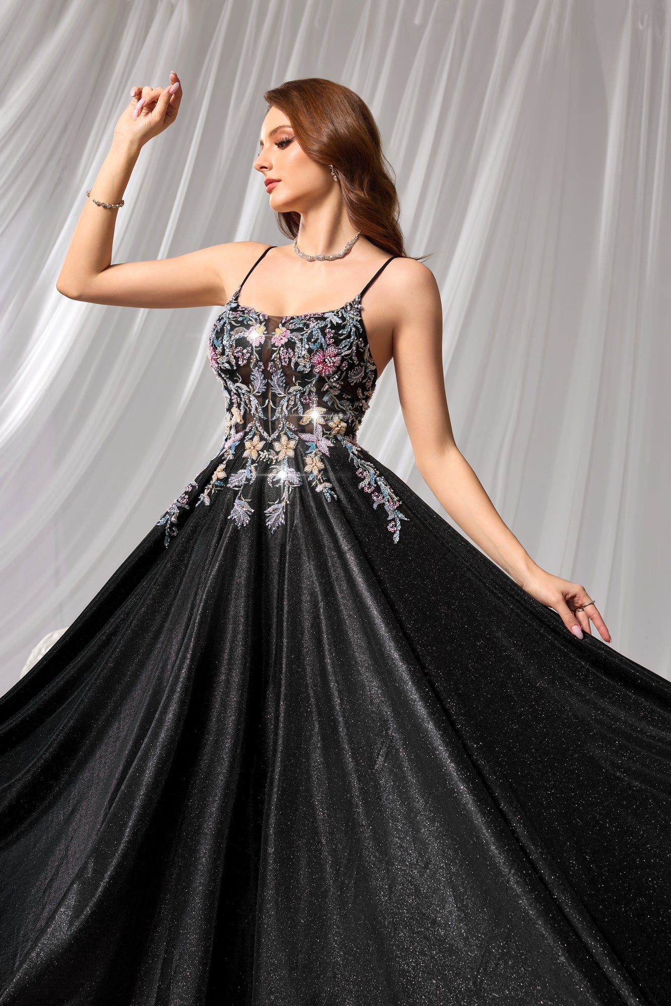 Black Floral Beaded Square Neck A-Line Prom Dress SH106