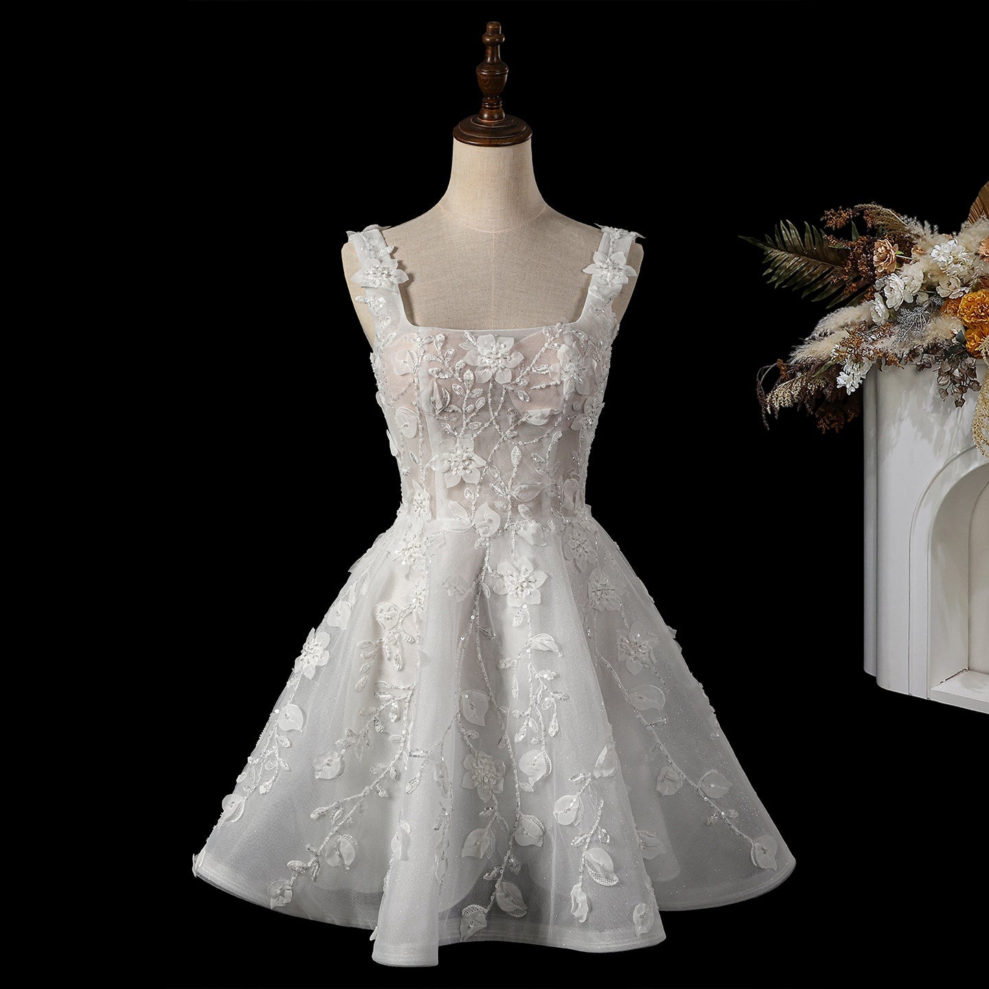 Dreamy White Square Neck Wedding Dress with Floral Appliques SW722 Sheer Fairy