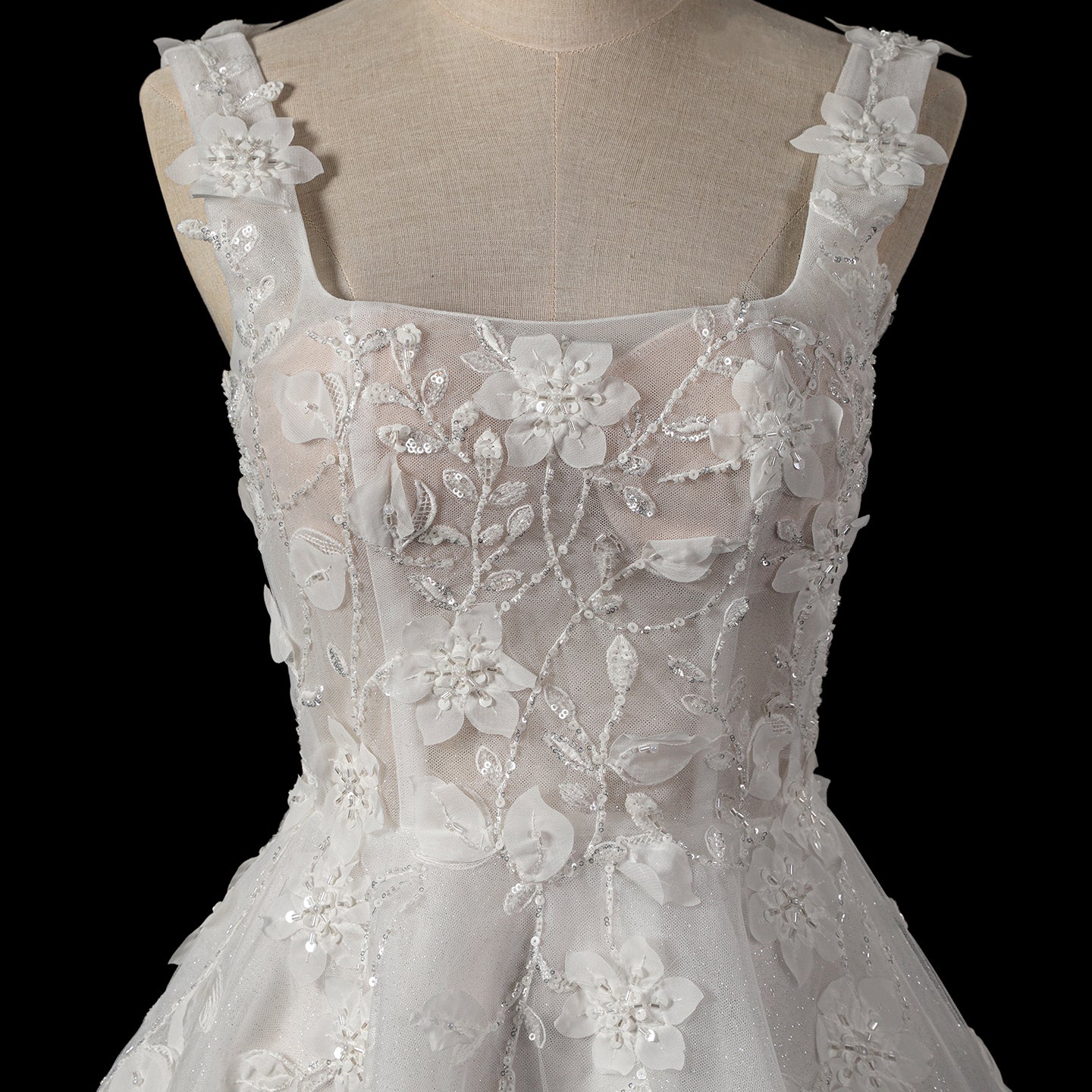 Dreamy White Square Neck Wedding Dress with Floral Appliques SW722 Sheer Fairy