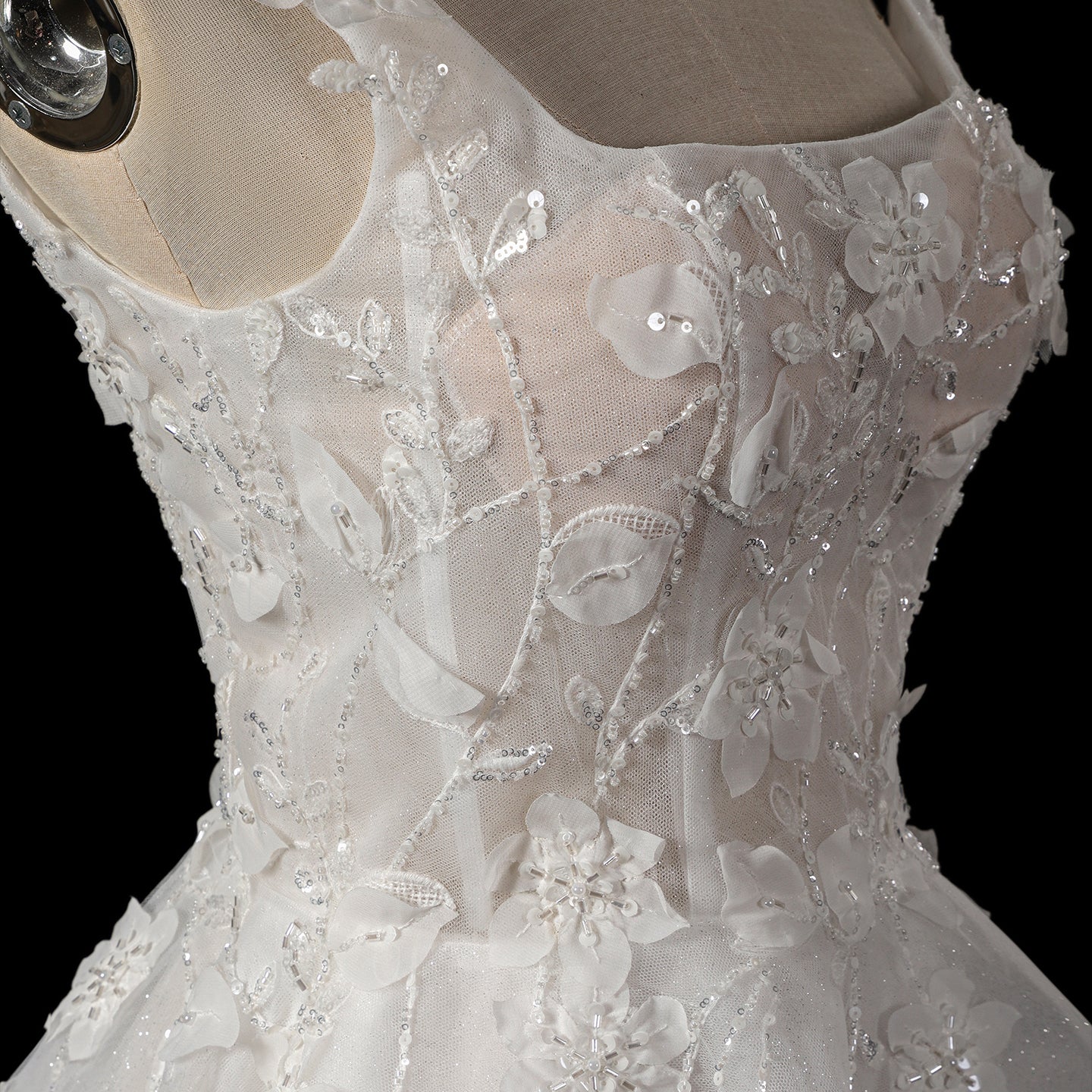 Dreamy White Square Neck Wedding Dress with Floral Appliques SW722 Sheer Fairy