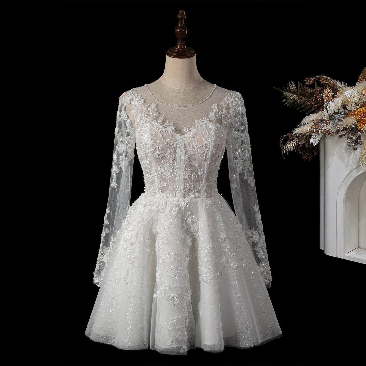 Luxury White Beaded Wedding Dress with Illusion Neckline SW721 Sheer Fairy
