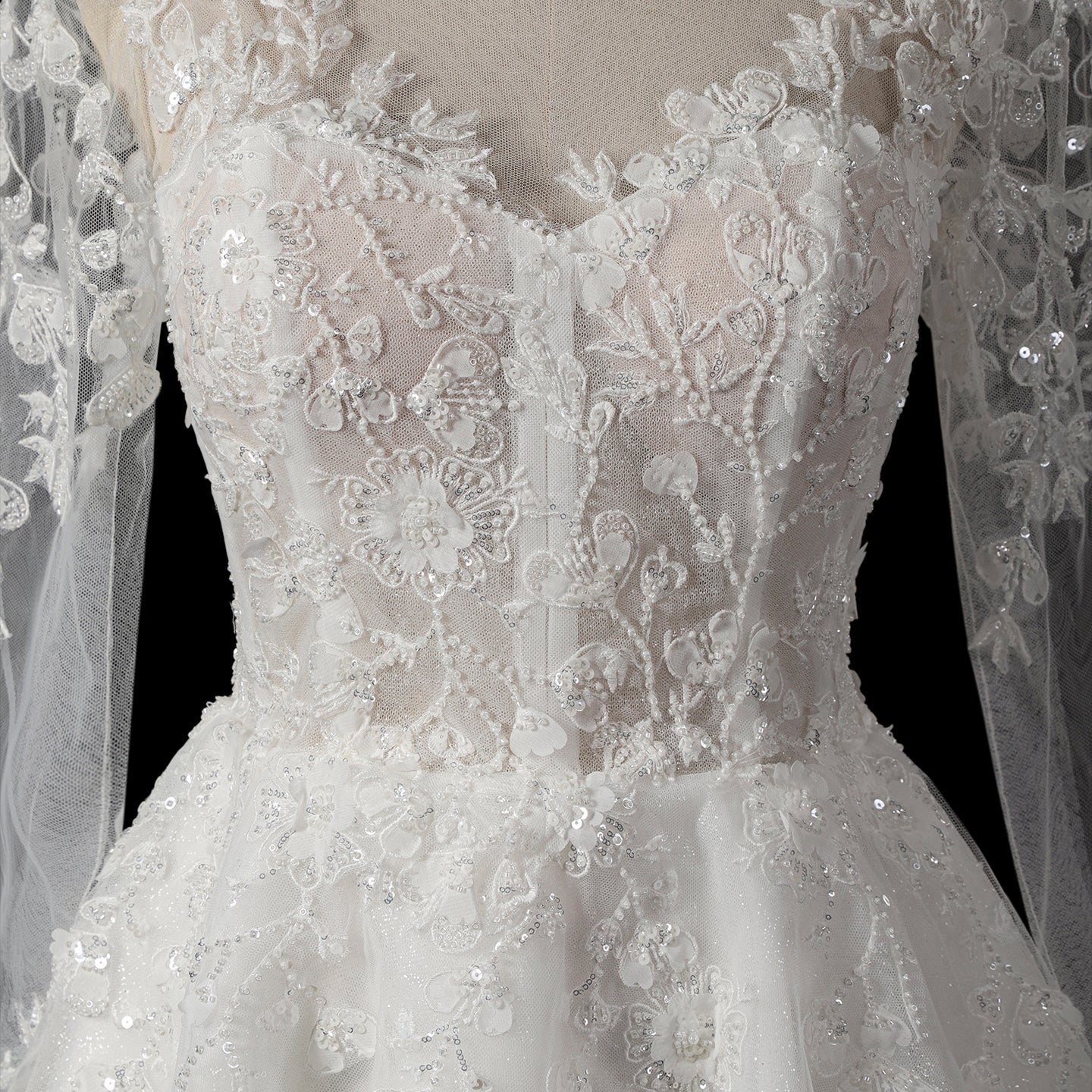 Luxury White Beaded Wedding Dress with Illusion Neckline SW721 Sheer Fairy