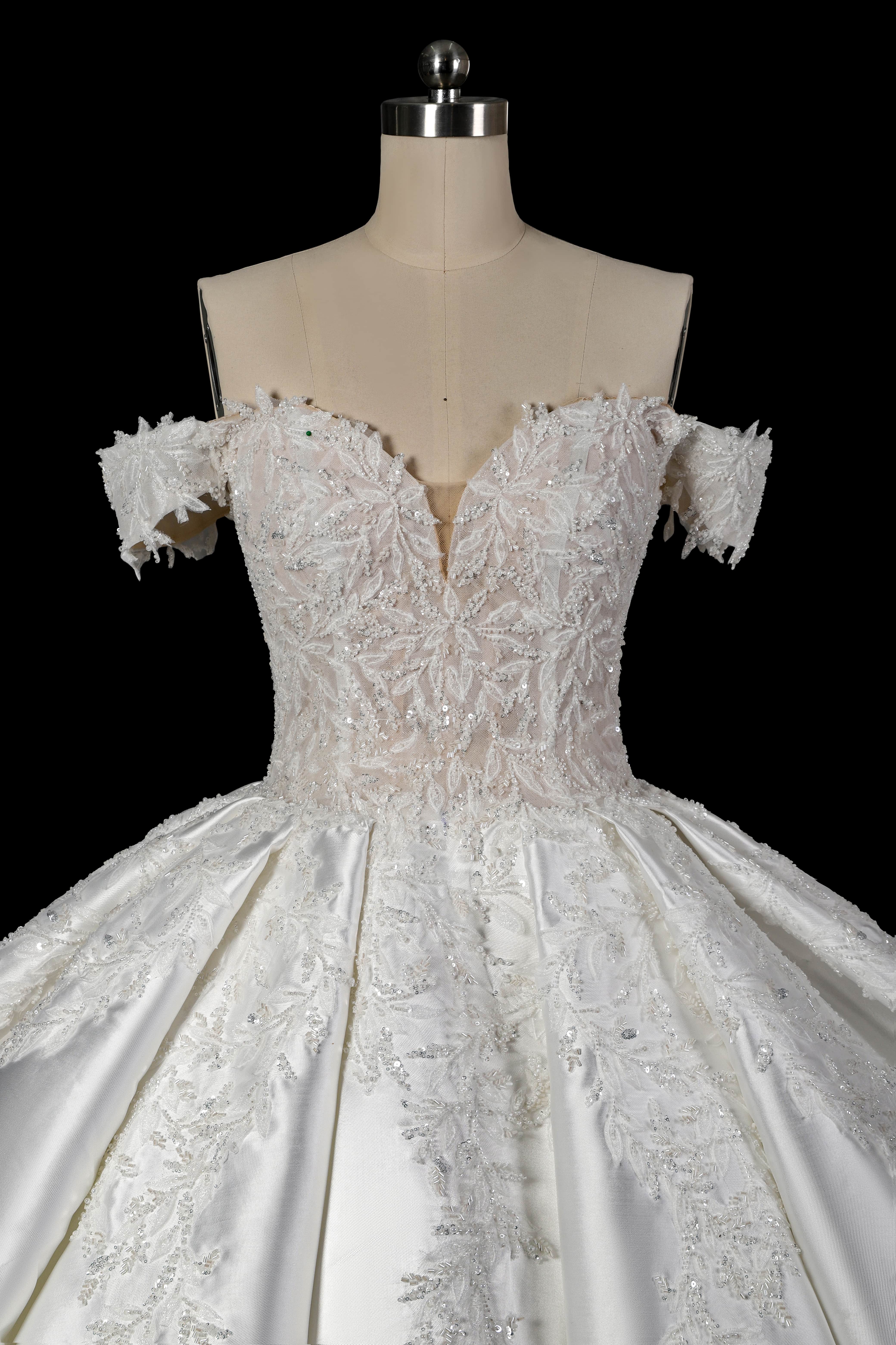 Off-the-Shoulder Satin Ball Gown Wedding Dress with Lace Appliques & Corset Back SW701 Sheer Fairy