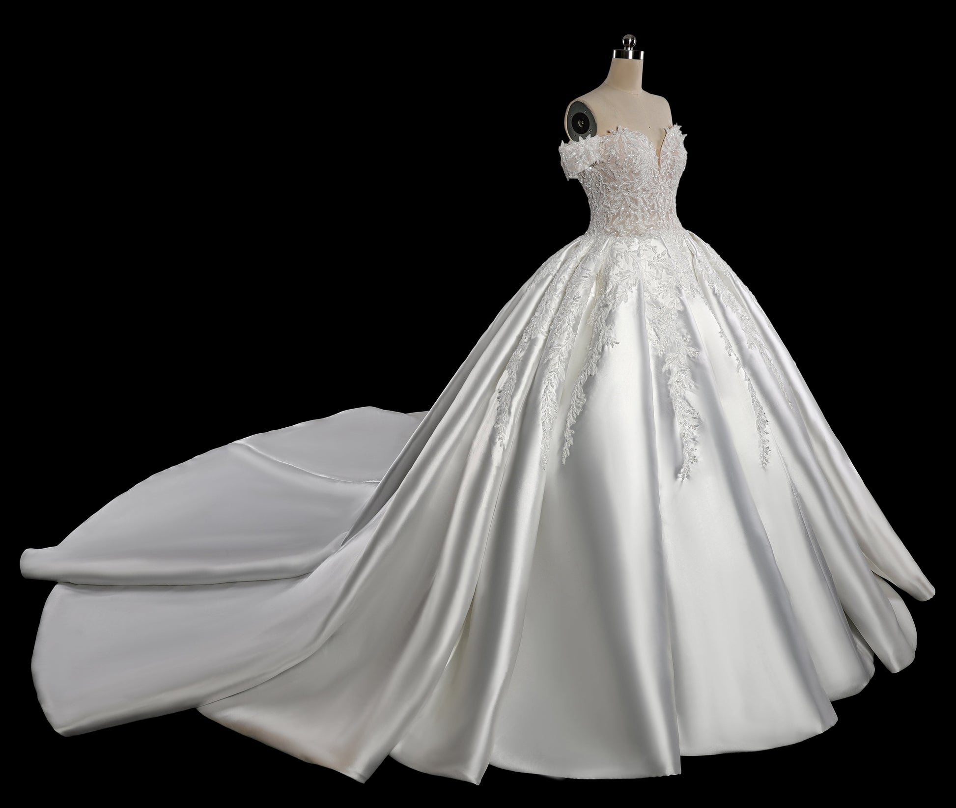 Off-the-Shoulder Satin Ball Gown Wedding Dress with Lace Appliques & Corset Back SW701 Sheer Fairy