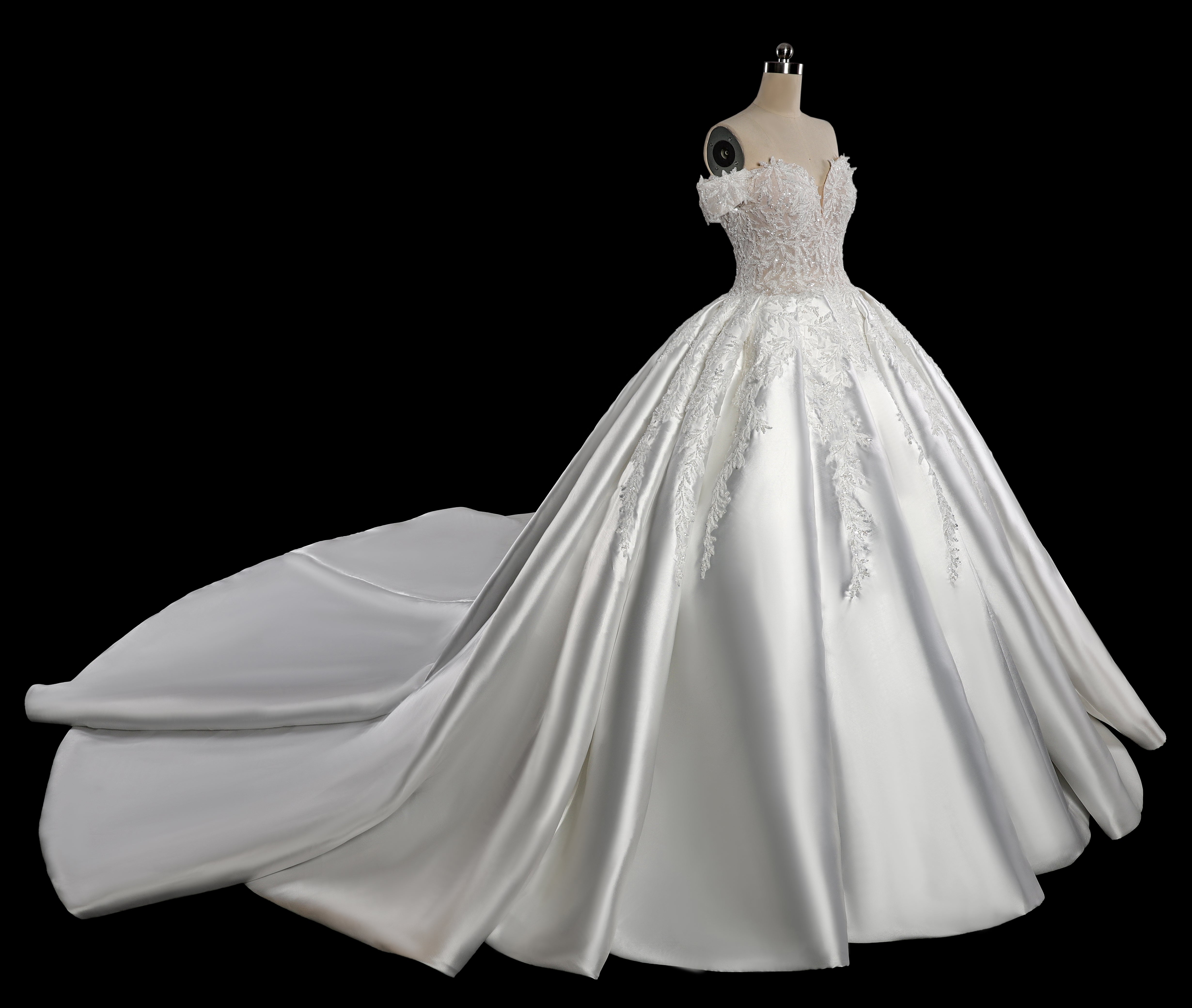 Off-the-Shoulder Satin Ball Gown Wedding Dress with Lace Appliques & Corset Back SW701 Sheer Fairy