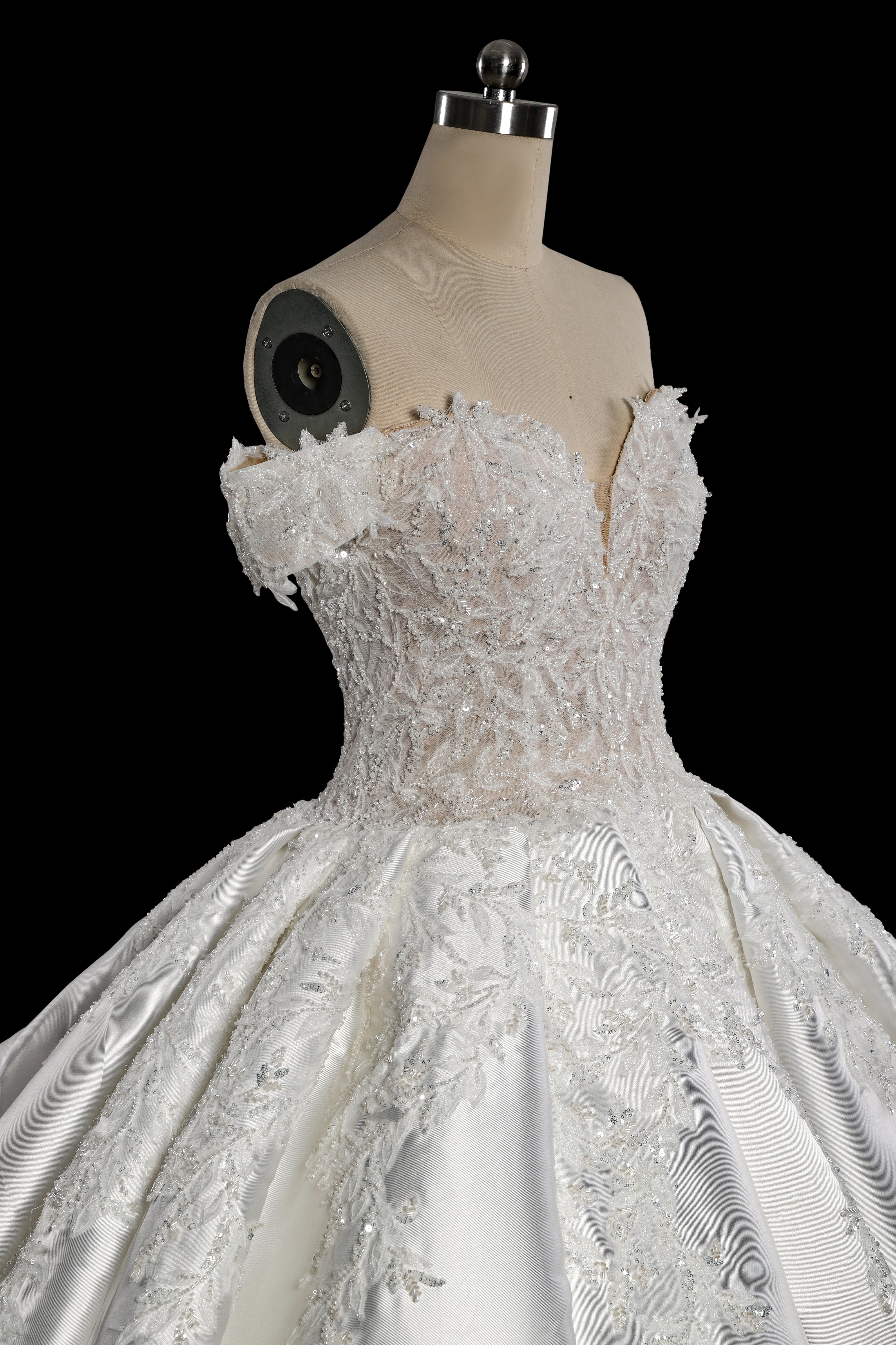 Off-the-Shoulder Satin Ball Gown Wedding Dress with Lace Appliques & Corset Back SW701 Sheer Fairy