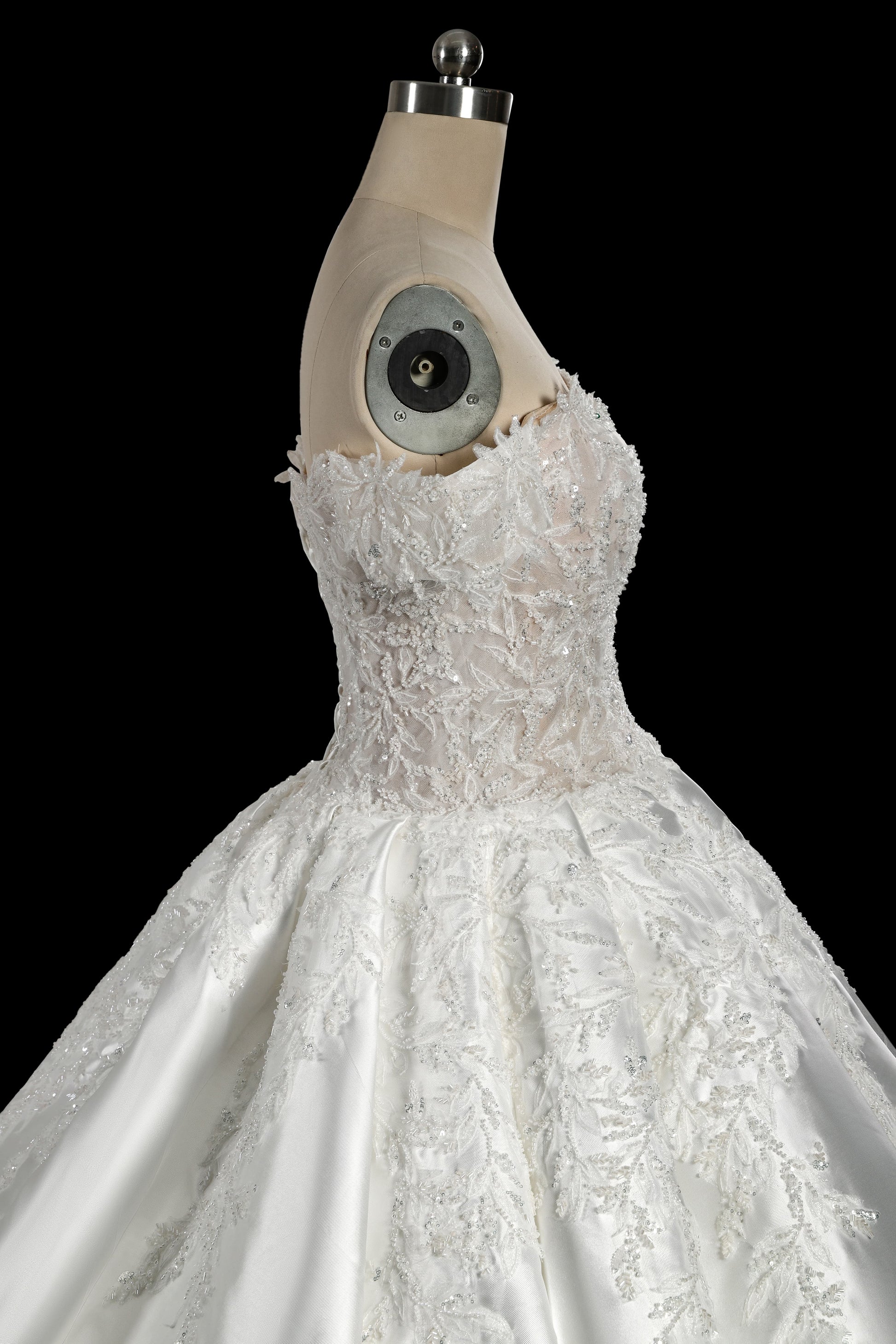 Off-the-Shoulder Satin Ball Gown Wedding Dress with Lace Appliques & Corset Back SW701 Sheer Fairy