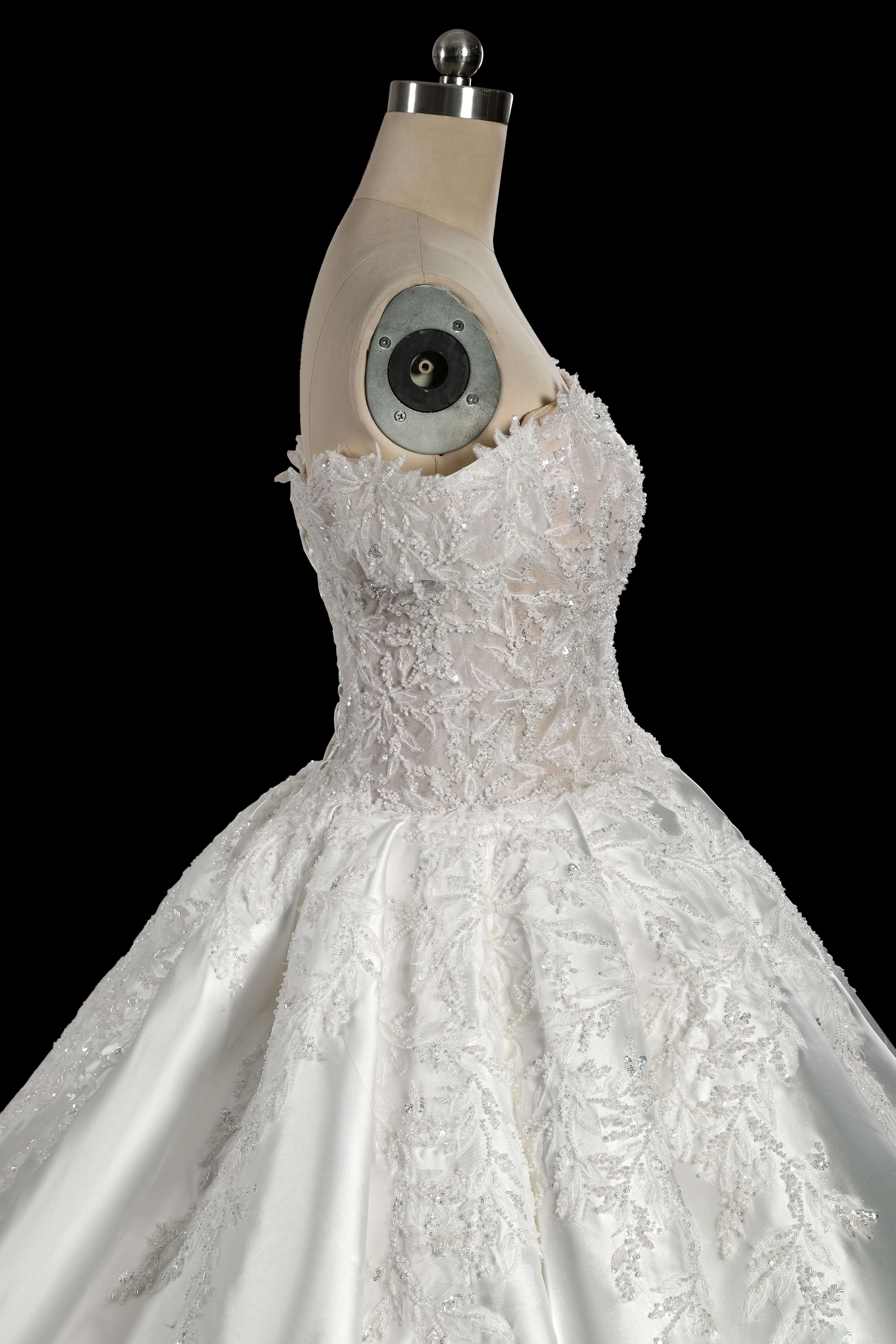 Off-the-Shoulder Satin Ball Gown Wedding Dress with Lace Appliques & Corset Back SW701 Sheer Fairy