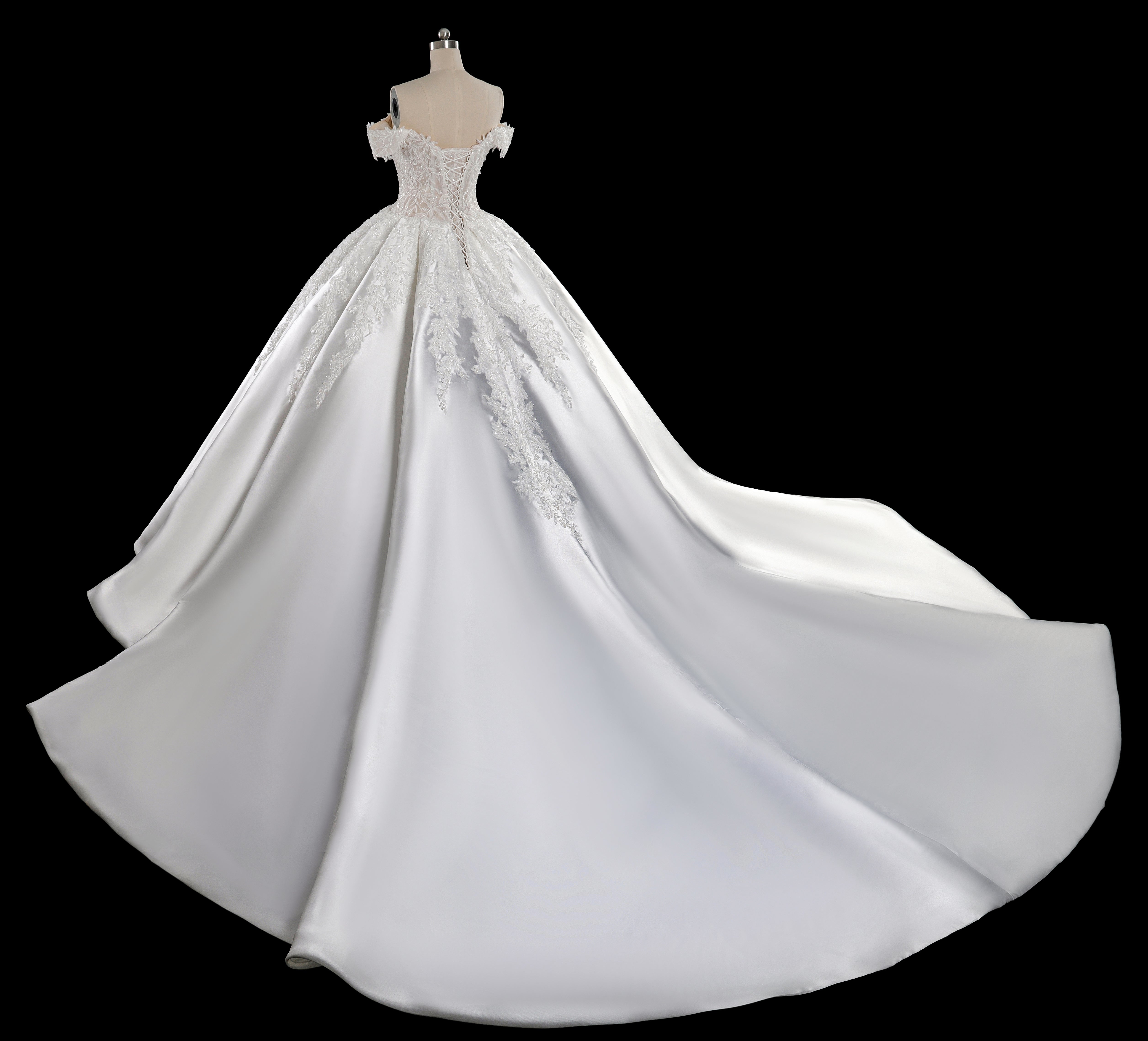 Off-the-Shoulder Satin Ball Gown Wedding Dress with Lace Appliques & Corset Back SW701 Sheer Fairy