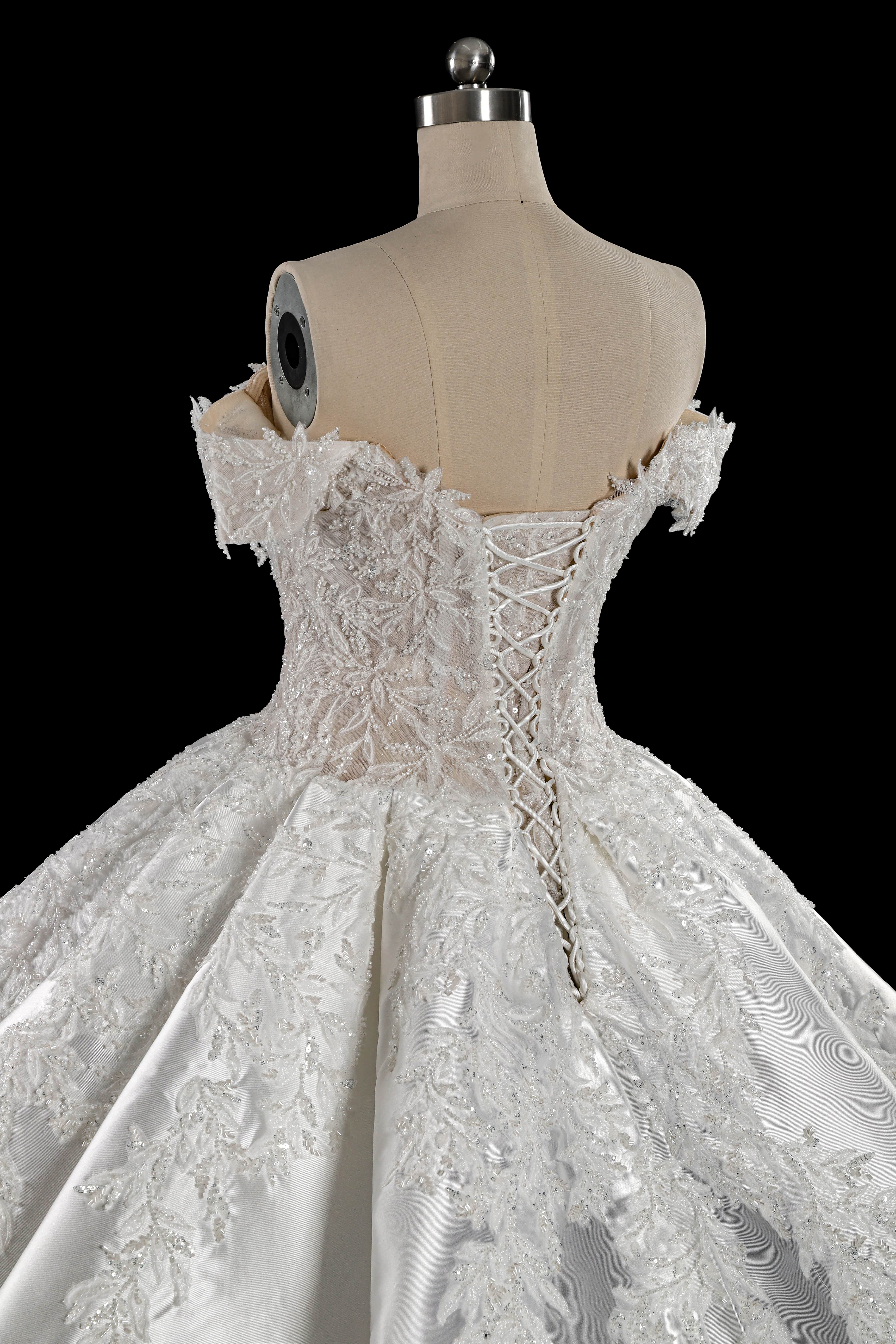 Off-the-Shoulder Satin Ball Gown Wedding Dress with Lace Appliques & Corset Back SW701 Sheer Fairy