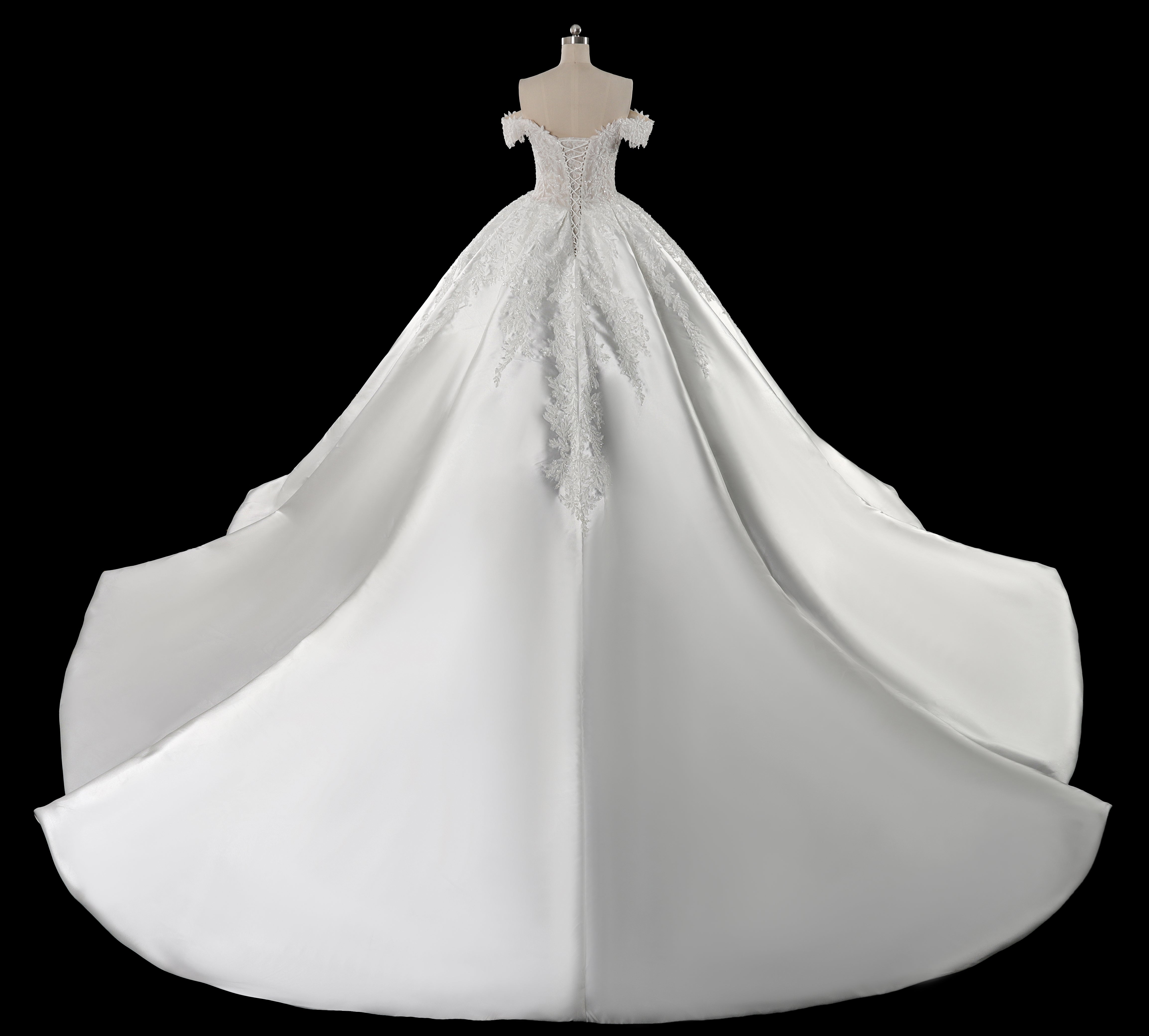 Off-the-Shoulder Satin Ball Gown Wedding Dress with Lace Appliques & Corset Back SW701 Sheer Fairy